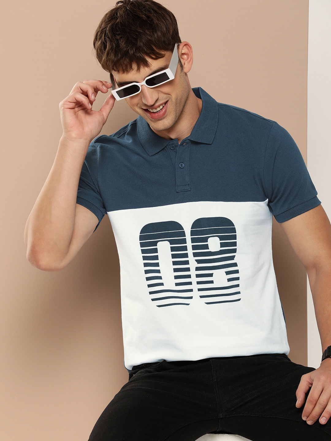 

HERE&NOW Colourblocked & Printed Polo Collar Pure Cotton T-shirt, Blue