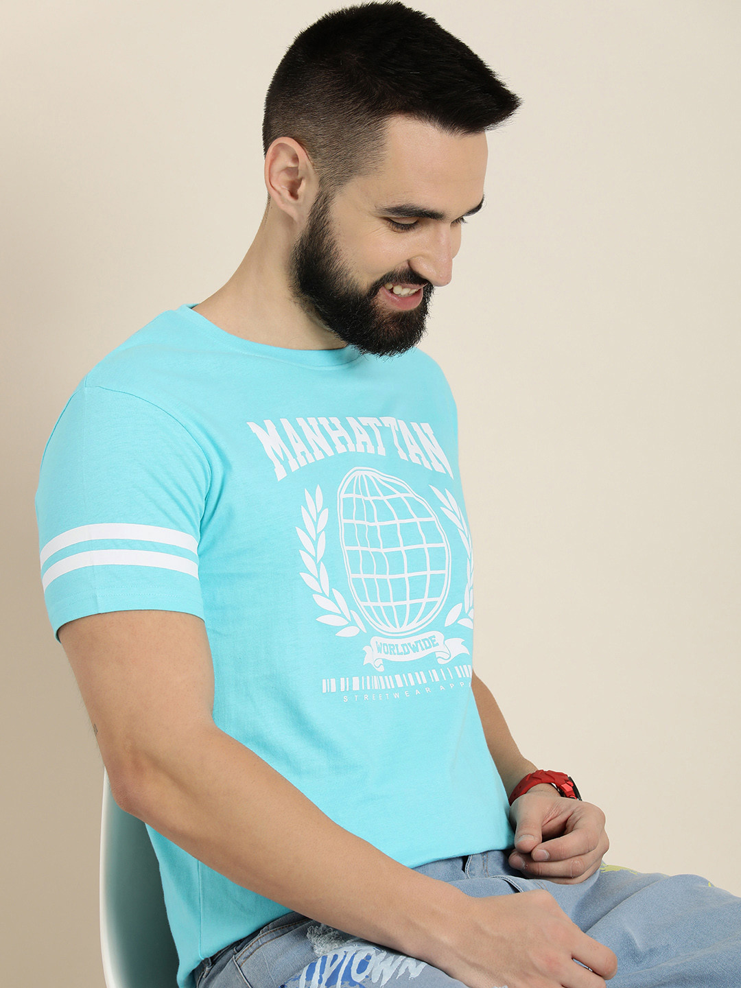 

HERE&NOW Printed Pure Cotton T-shirt, Blue