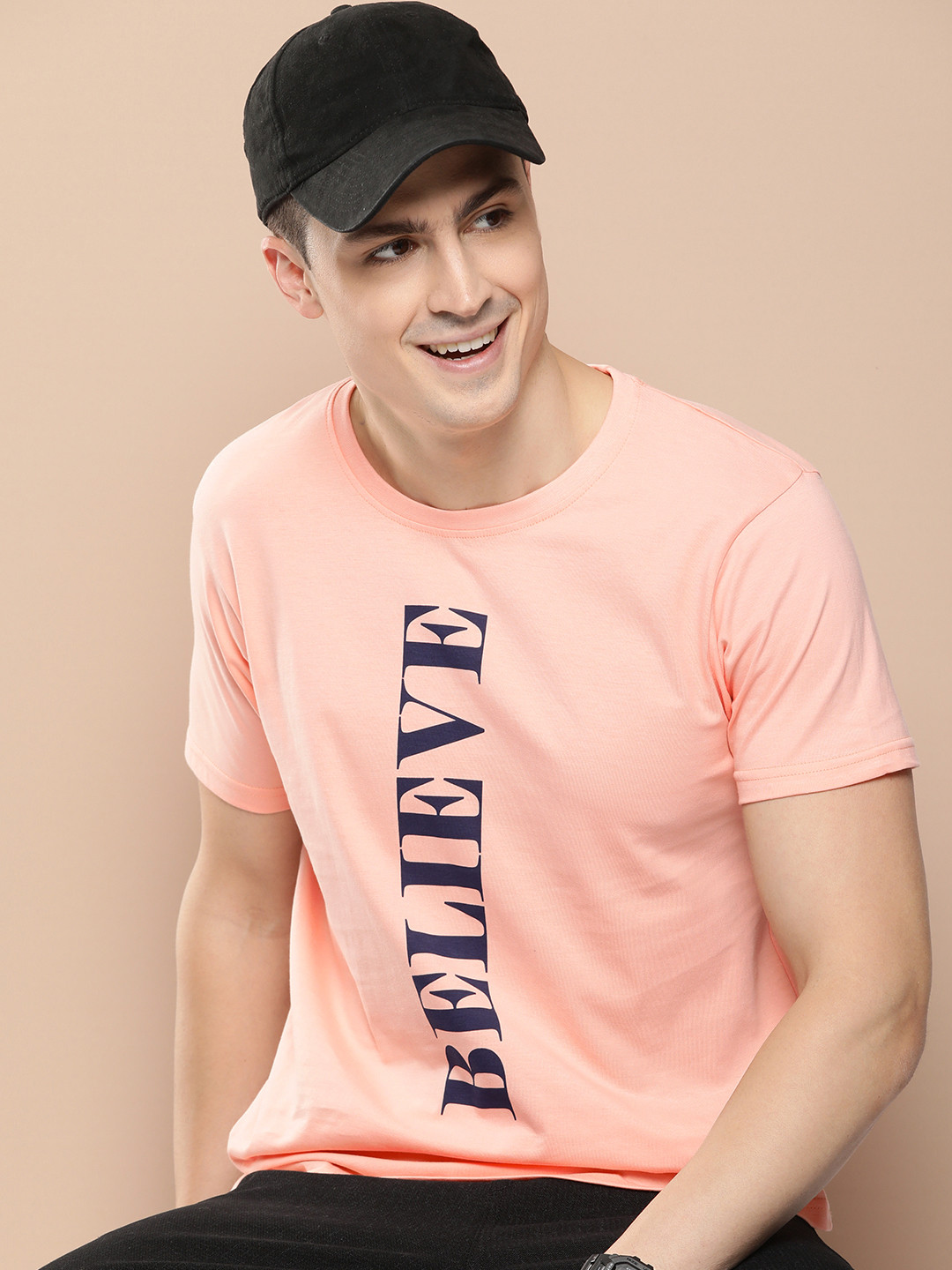 

HERE&NOW Pure Cotton Typography Printed Casual T-shirt, Peach