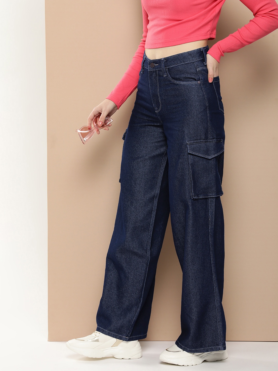 

HERE&NOW Women Mid-Rise Cargo Jeans, Navy blue