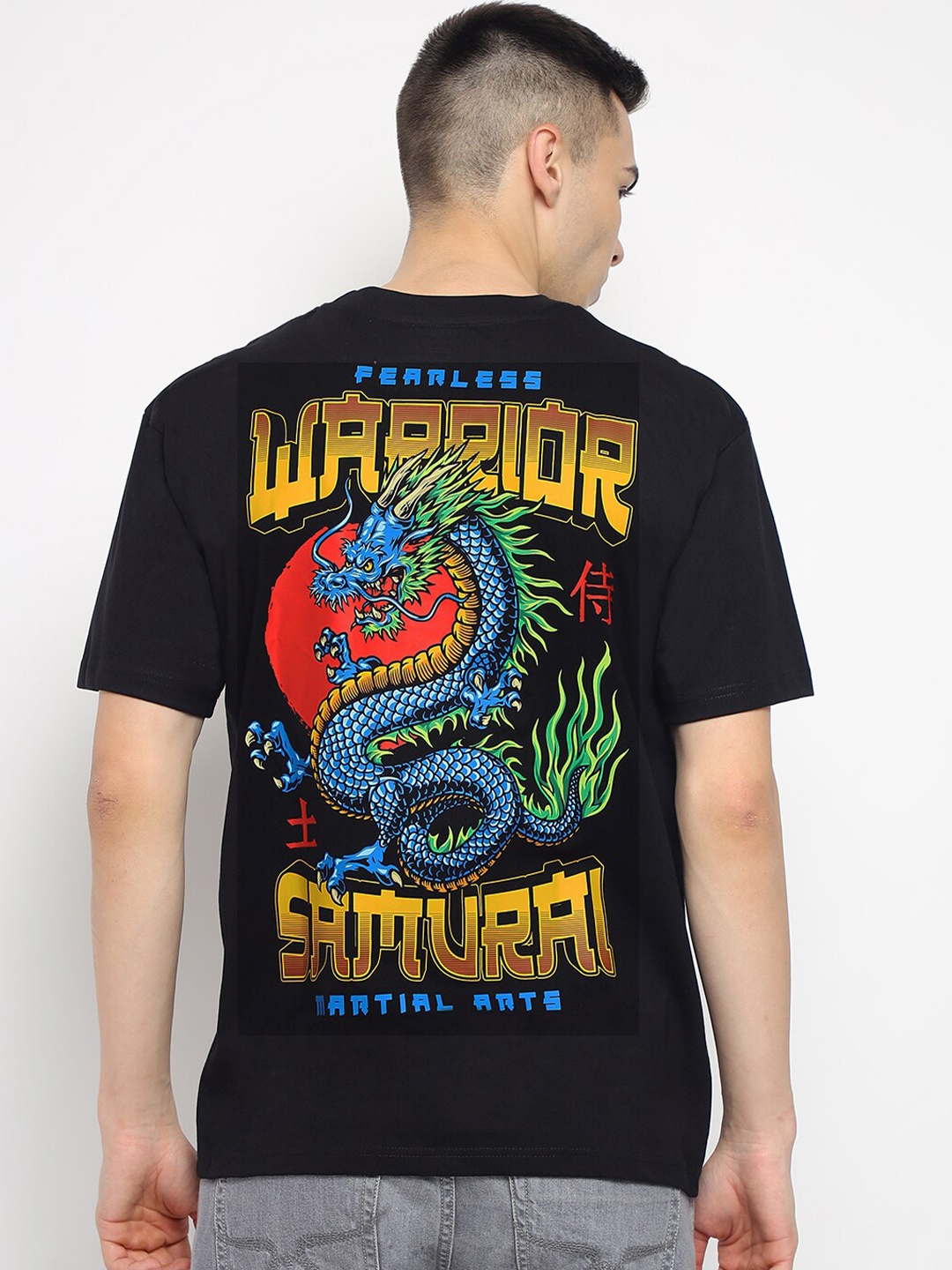 

THREADCURRY Graphic Printed Cotton Oversized Round Neck T-shirt, Black