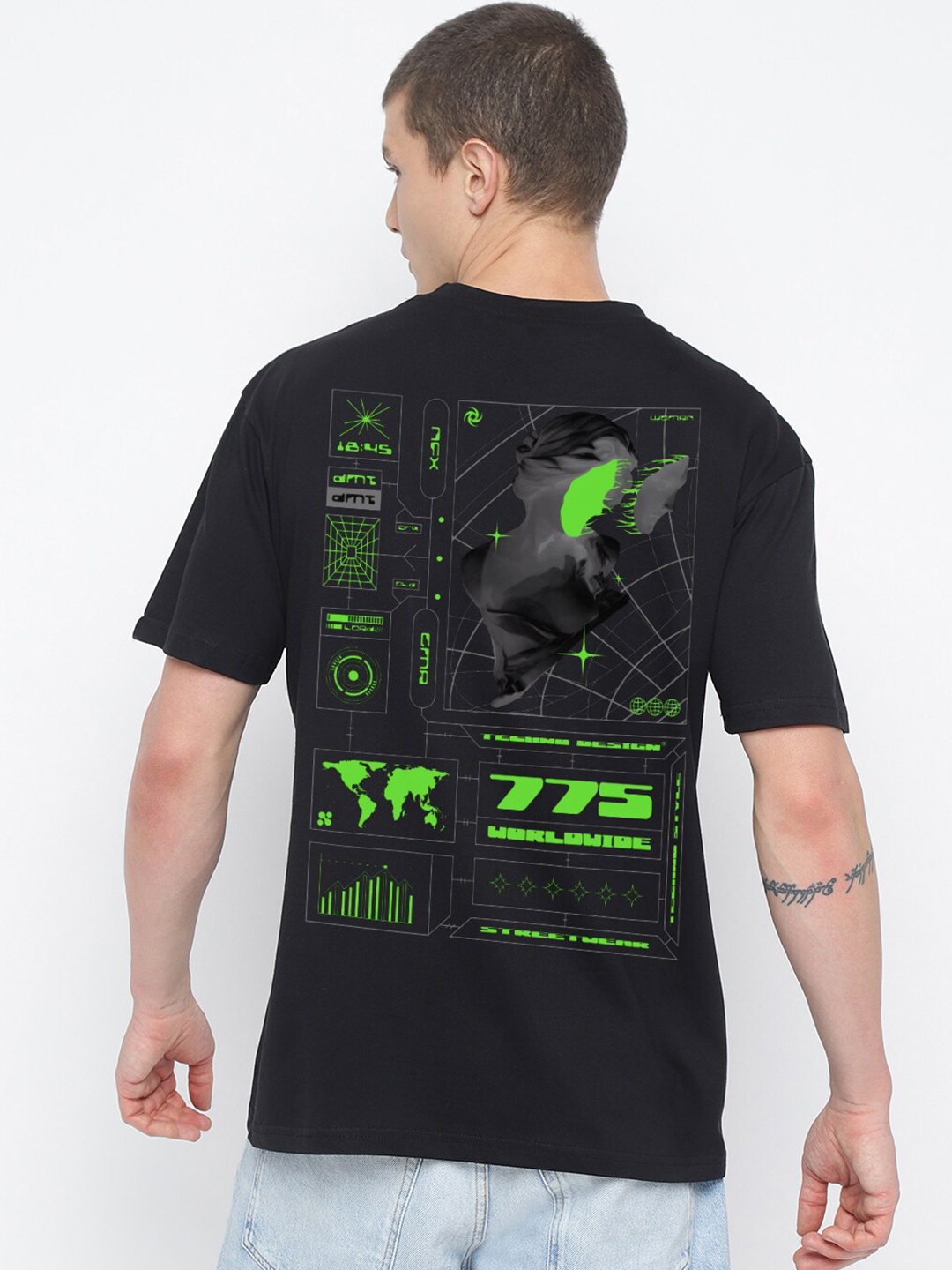 

THREADCURRY Graphic Printed Cotton T-Shirt, Black