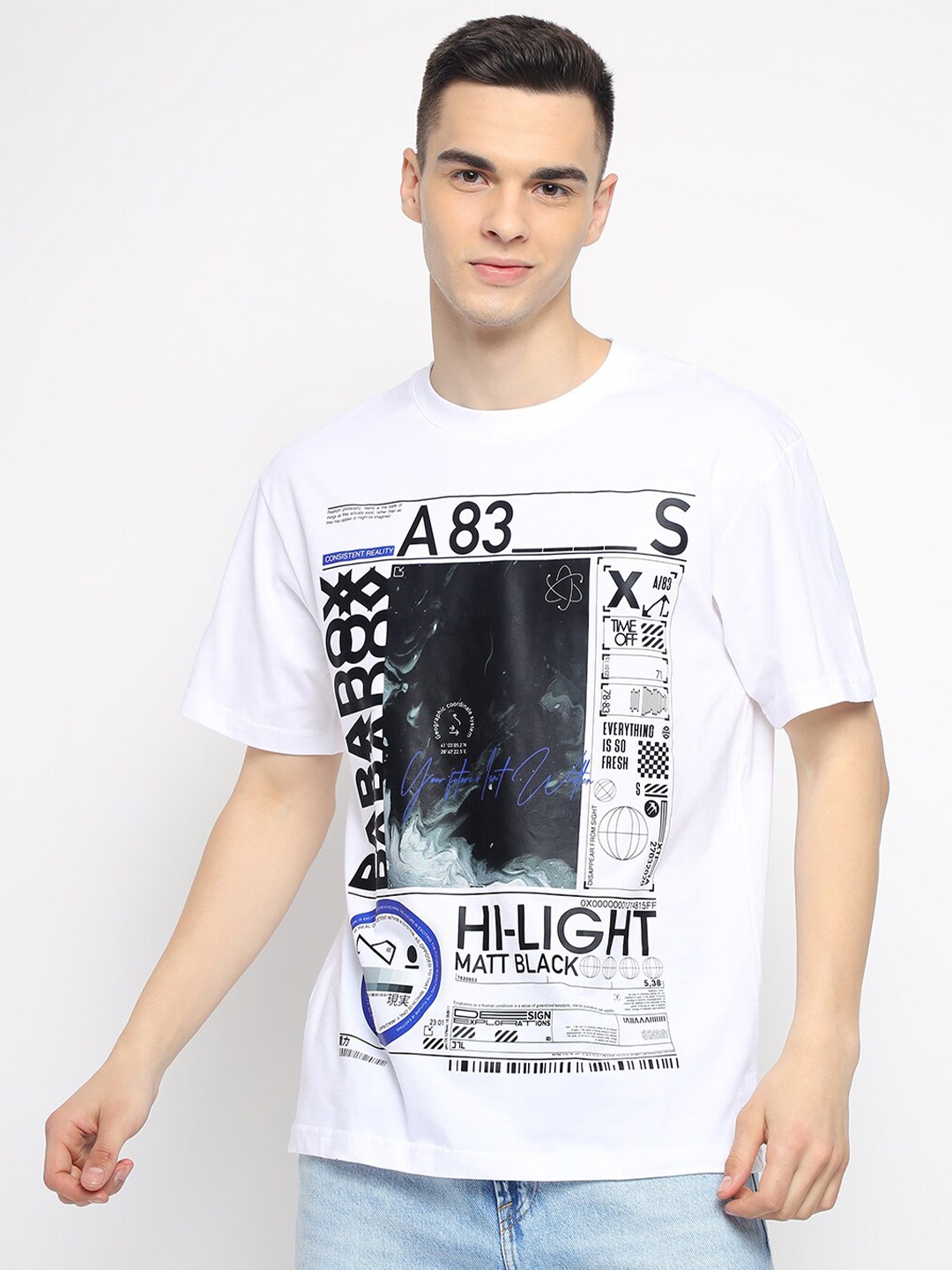 THREADCURRY Typography Printed Cotton Oversized Round Neck T-shirt, White