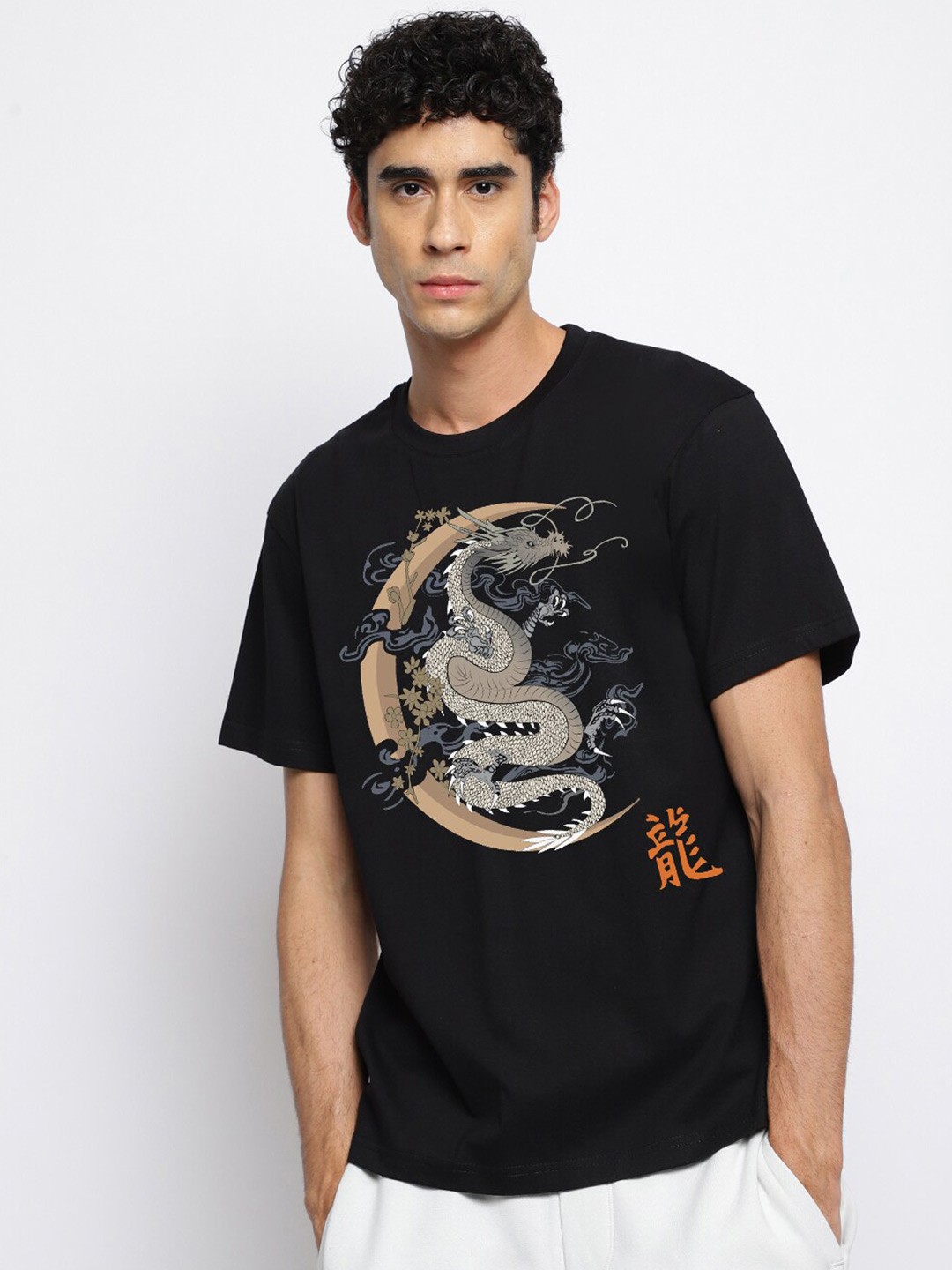 

THREADCURRY Graphic Printed Cotton T-shirt, Black