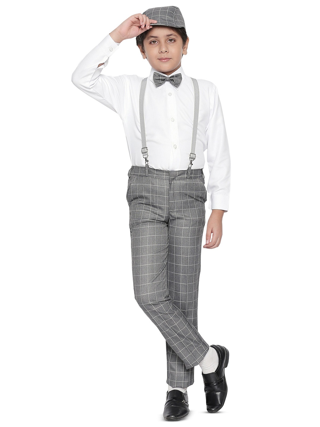 

BAESD Boys Checked Shirt & Trousers With Bow, Cap & Suspenders, Grey