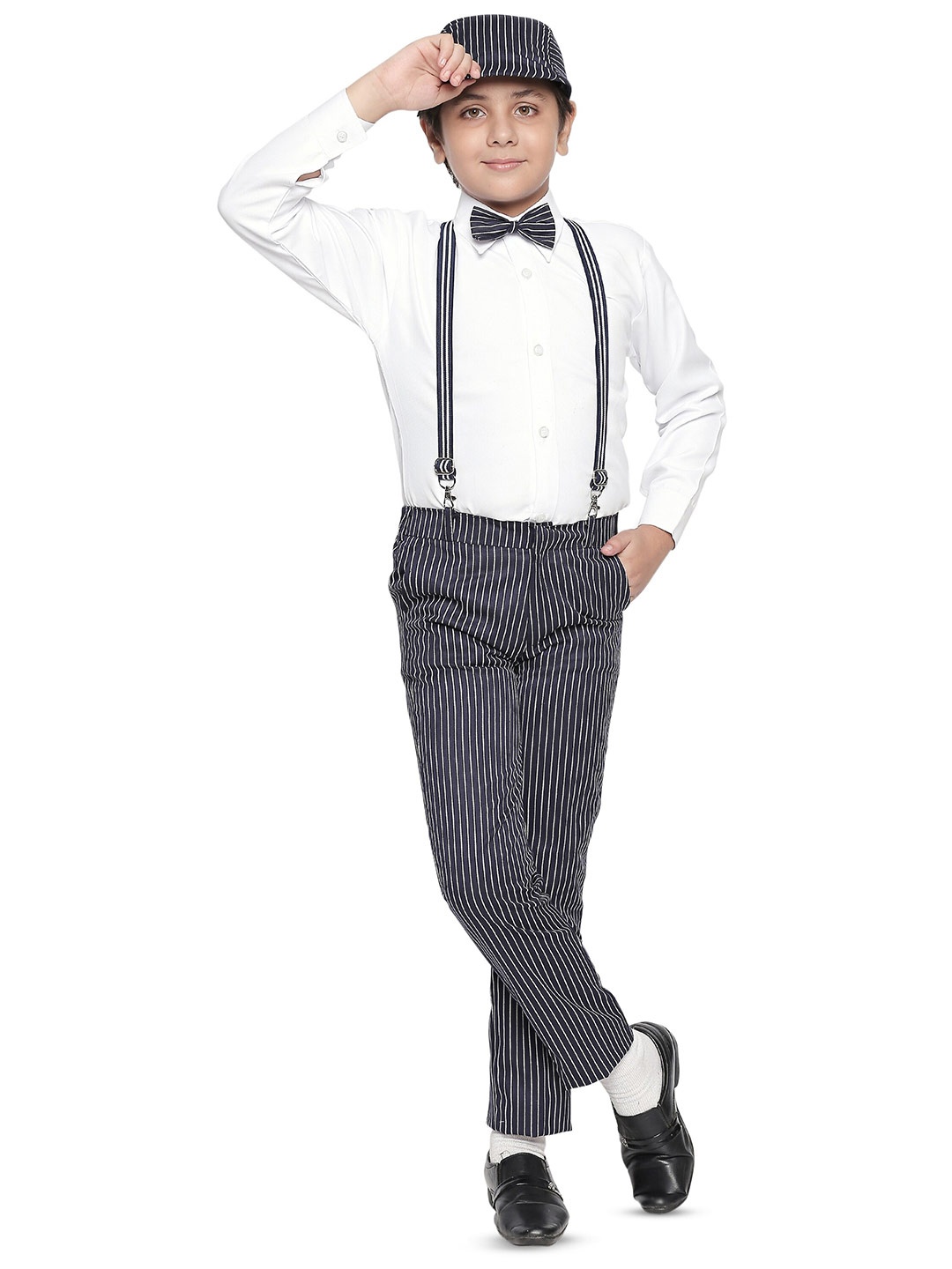 

BAESD Boys Striped Shirt & Trousers With Bow, Cap & Suspenders, Navy blue