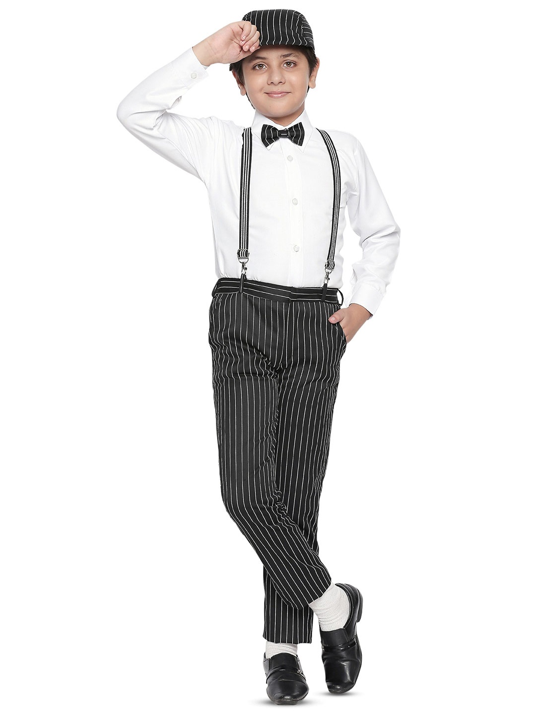 

BAESD Boys Striped Shirt & Trousers With Bow, Cap & Suspenders, Black