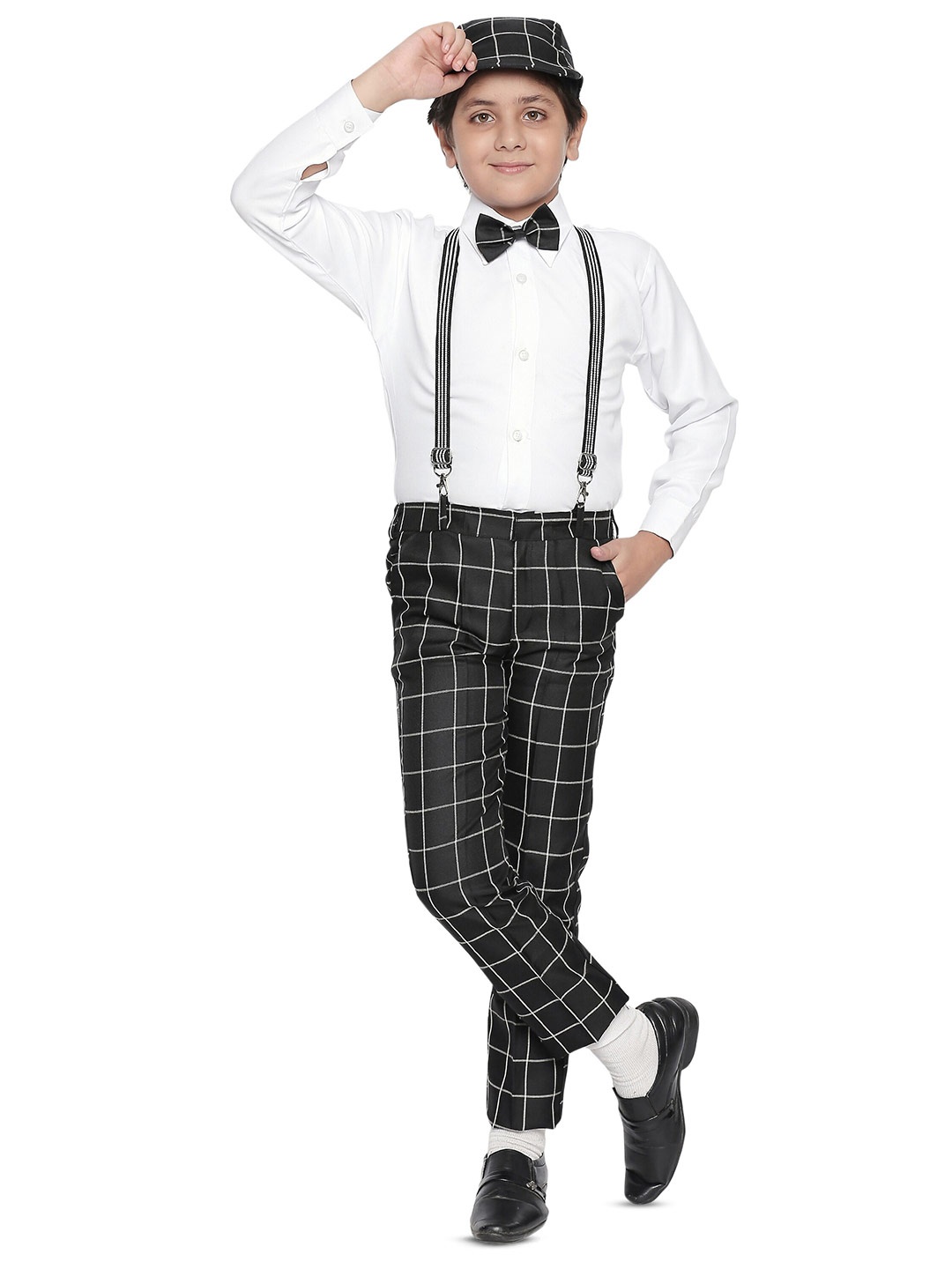 

BAESD Boys Checked Shirt & Trousers With Bow, Cap & Suspenders, Black