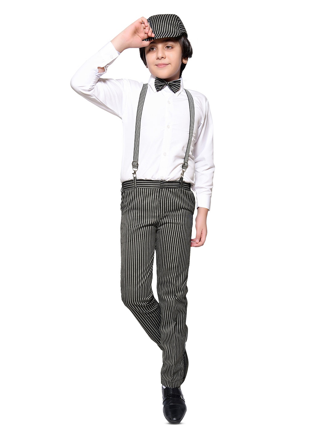 

BAESD Boys Striped Shirt & Trousers With Bow, Cap & Suspenders, Black