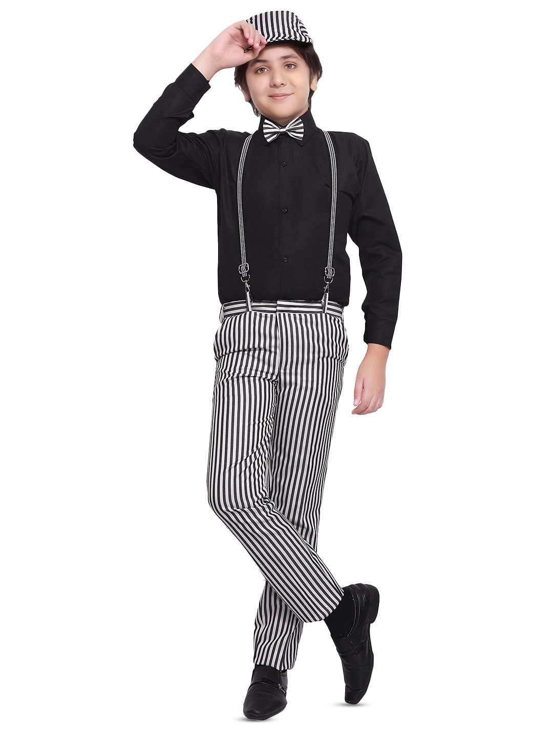 

BAESD Boys Striped Shirt & Trousers With Bow, Cap & Suspenders, Black