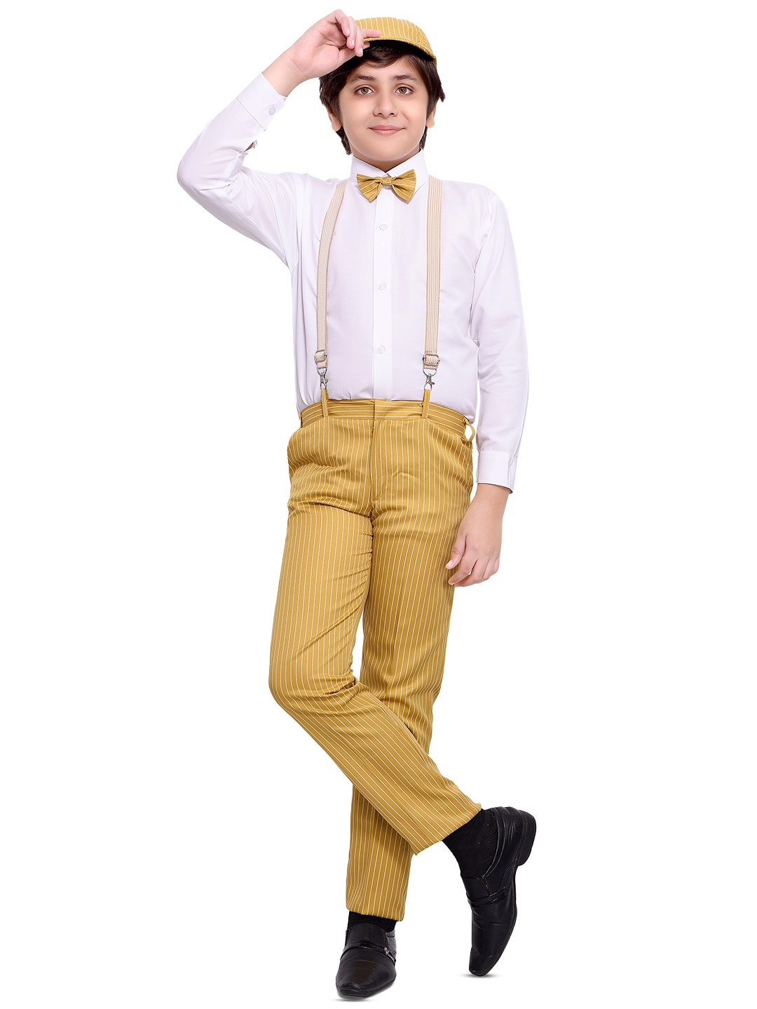 

BAESD Boys Striped Shirt & Trousers With Bow, Cap & Suspenders, Yellow