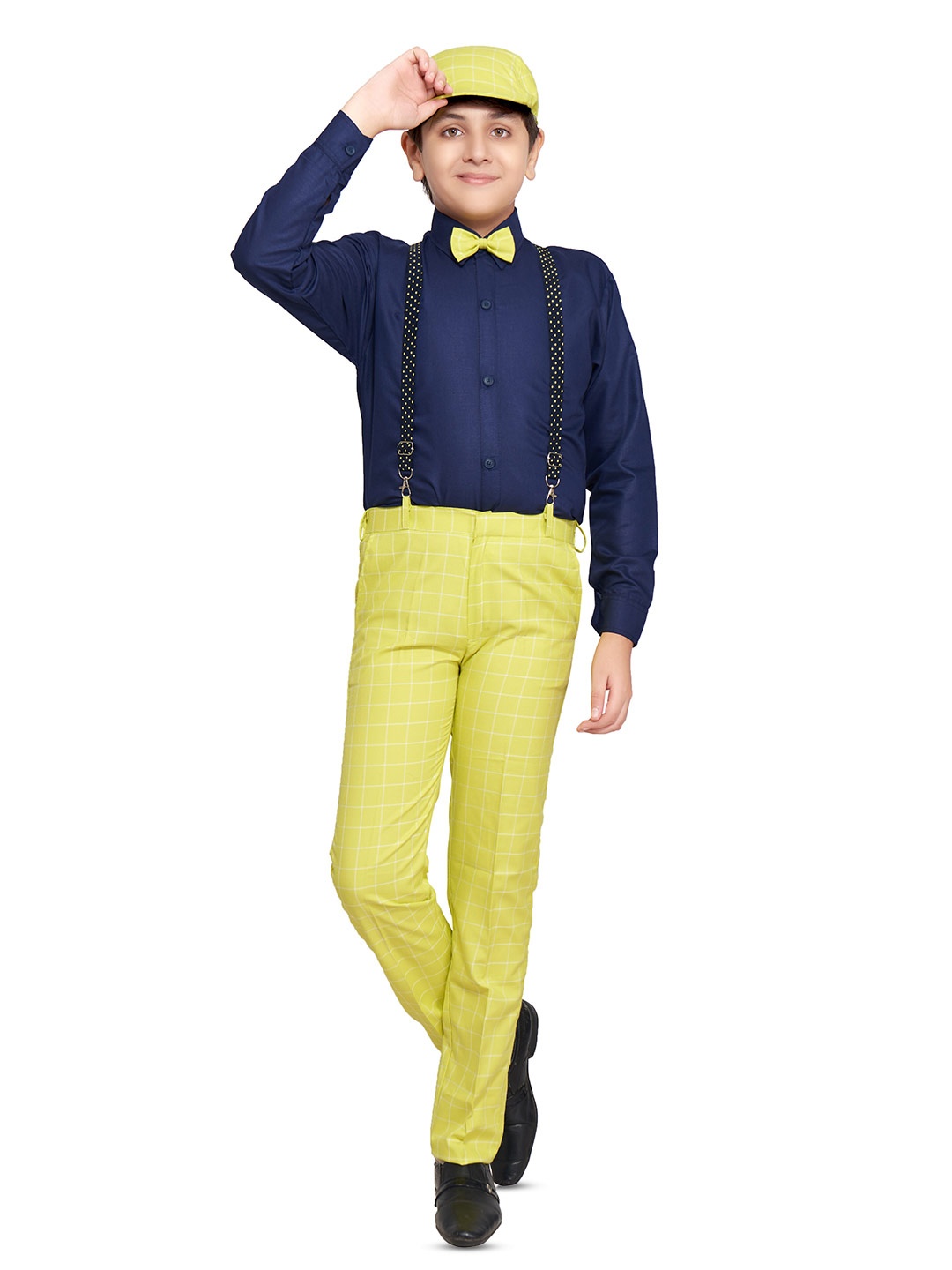 

BAESD Boys Checked Shirt & Trousers With Bow, Cap & Suspenders, Yellow