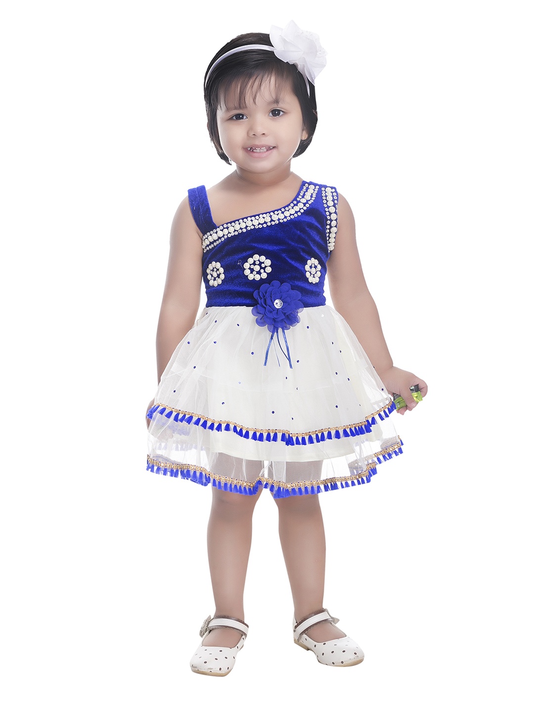 

BAESD Girls Embellished Asymmetric Neck Sleeveless Gathered Silk Fit & Flare Dress, White