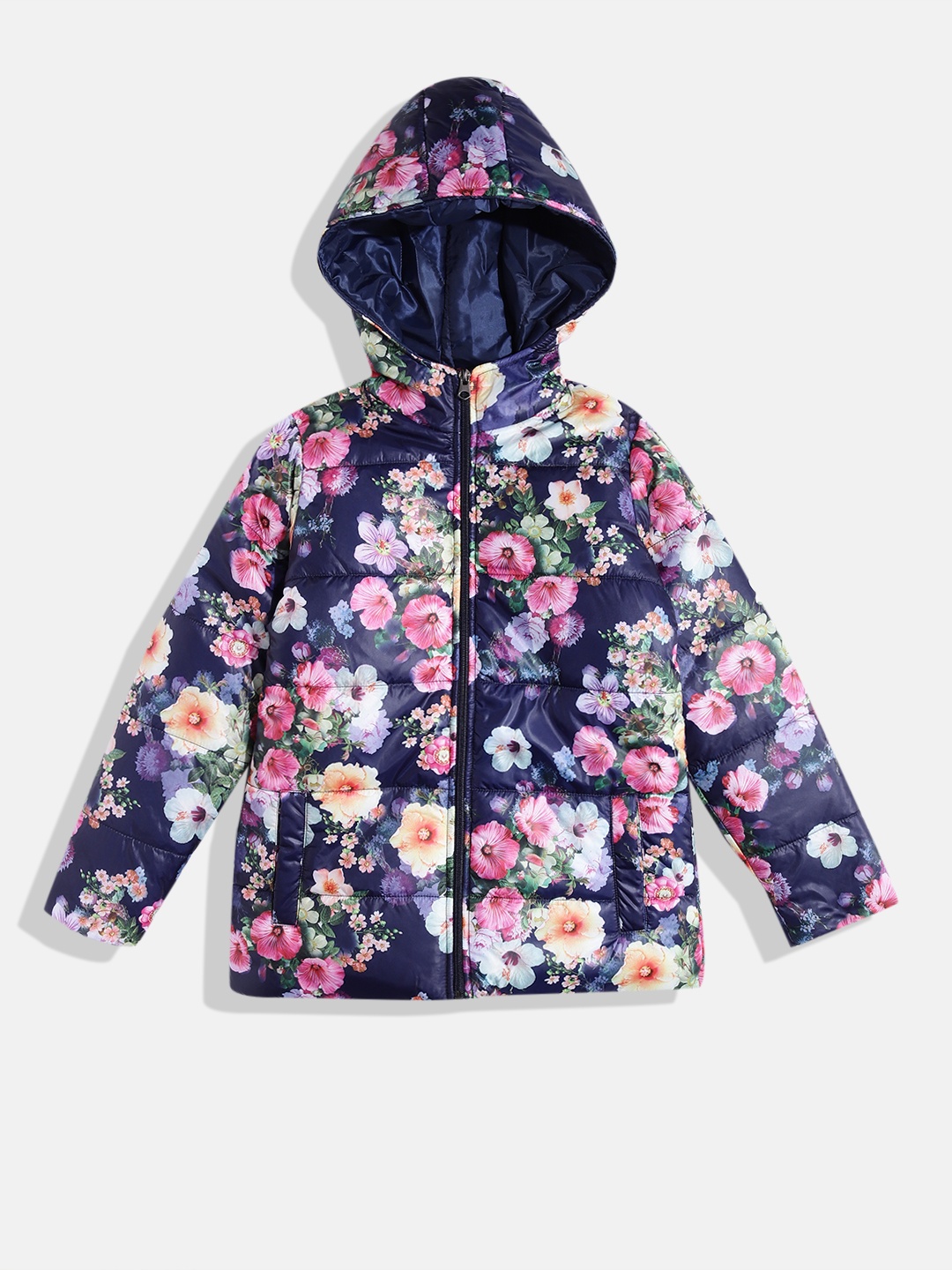 

White Snow Girls Floral Printed Hooded Padded Jacket, Navy blue