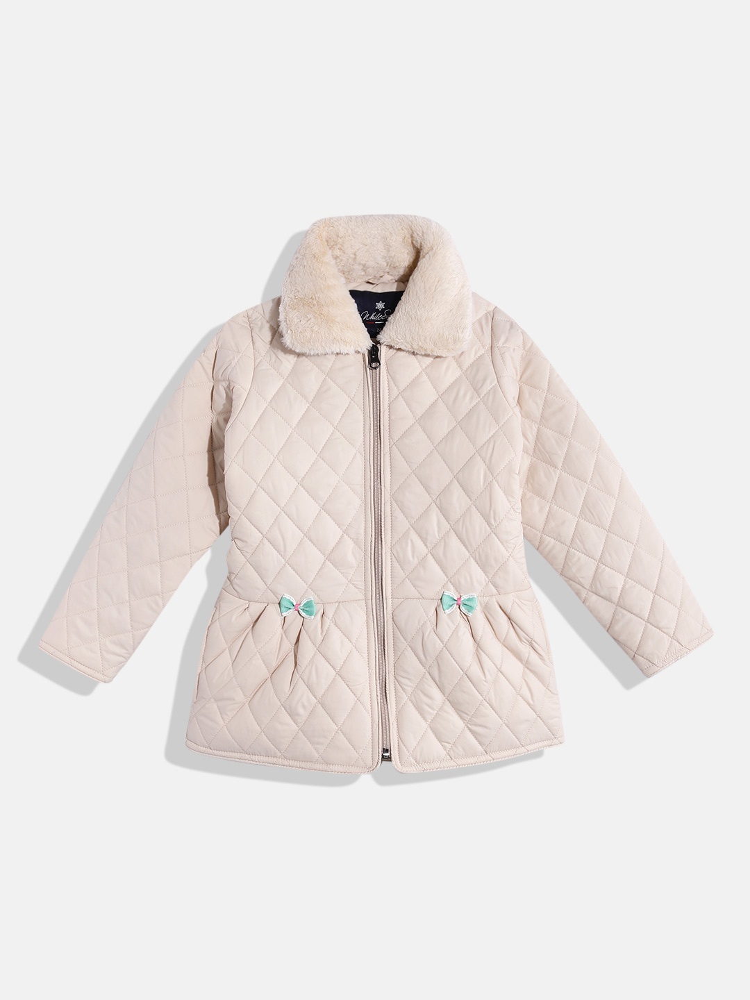 

White Snow Girls Faux Fur Trim Quilted Jacket, Beige