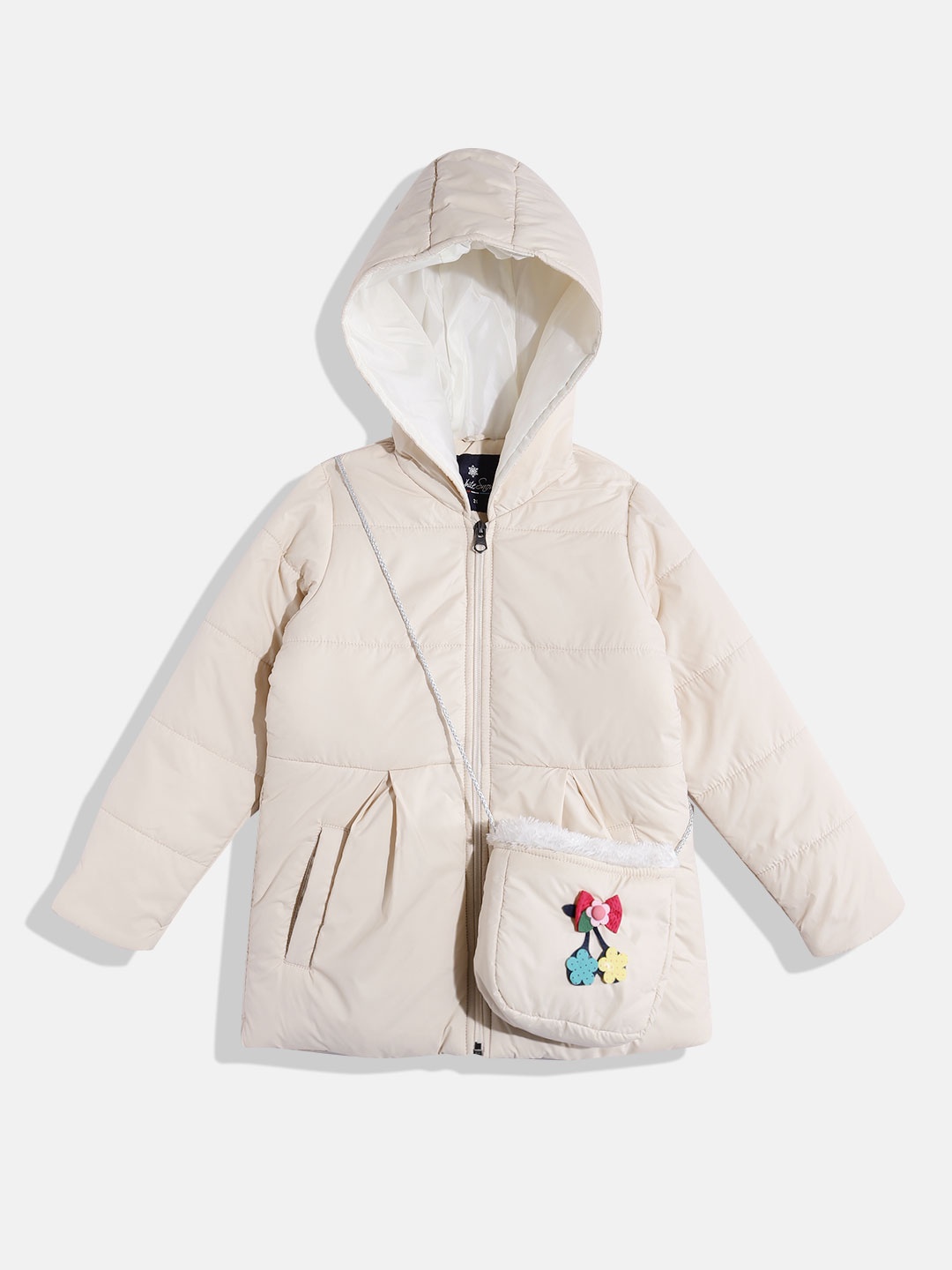 

White Snow Girls Hooded Padded Jacket With Sling Bag, Beige