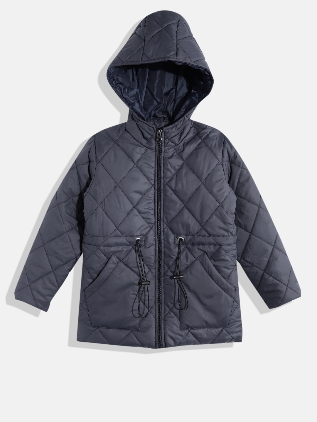 

White Snow Girls Hooded Quilted Jacket With Toggle Detail, Navy blue