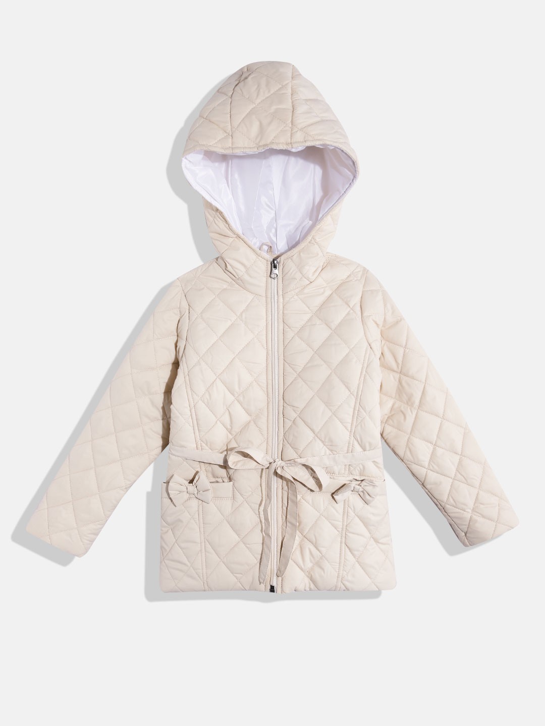 

White Snow Girls Hooded Quilted Jacket With Belt, Beige