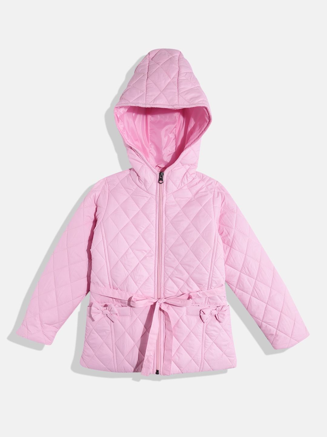 

White Snow Girls Hooded Quilted Jacket With Belt, Pink