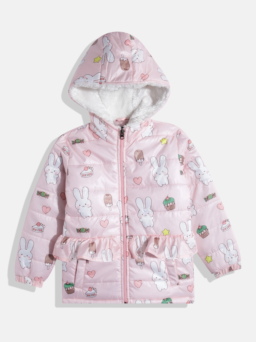 

White Snow Girls Conversational Print Quilted Jacket, Pink