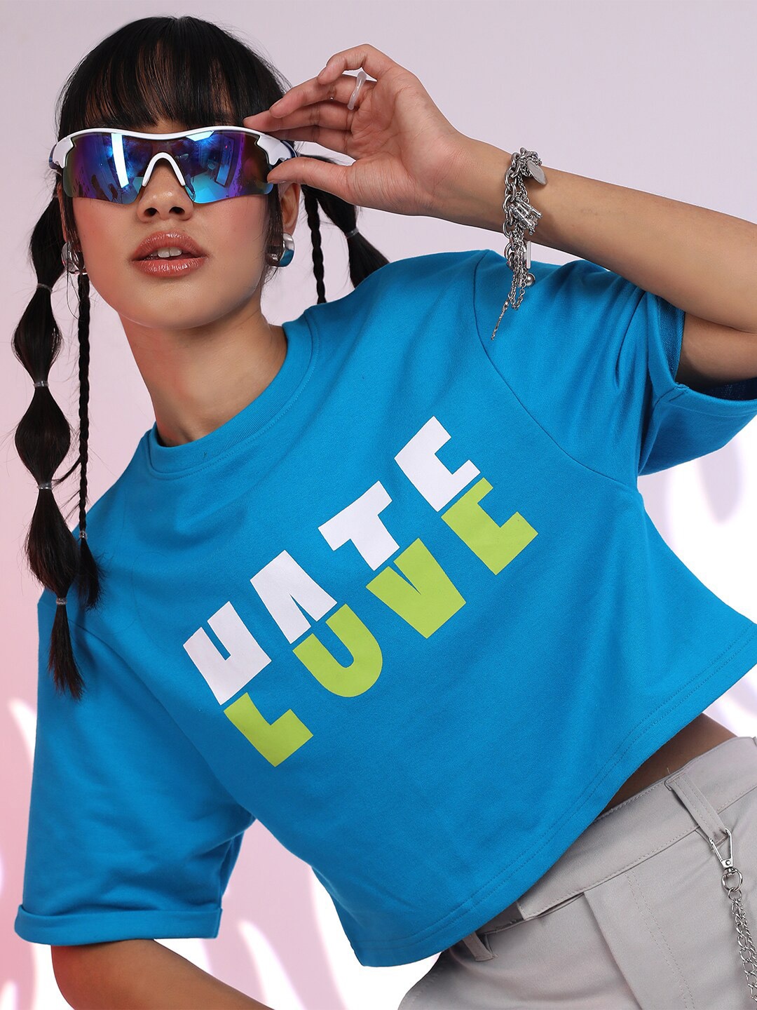 

Tokyo Talkies Blue Typography Printed Oversized Crop T-shirt