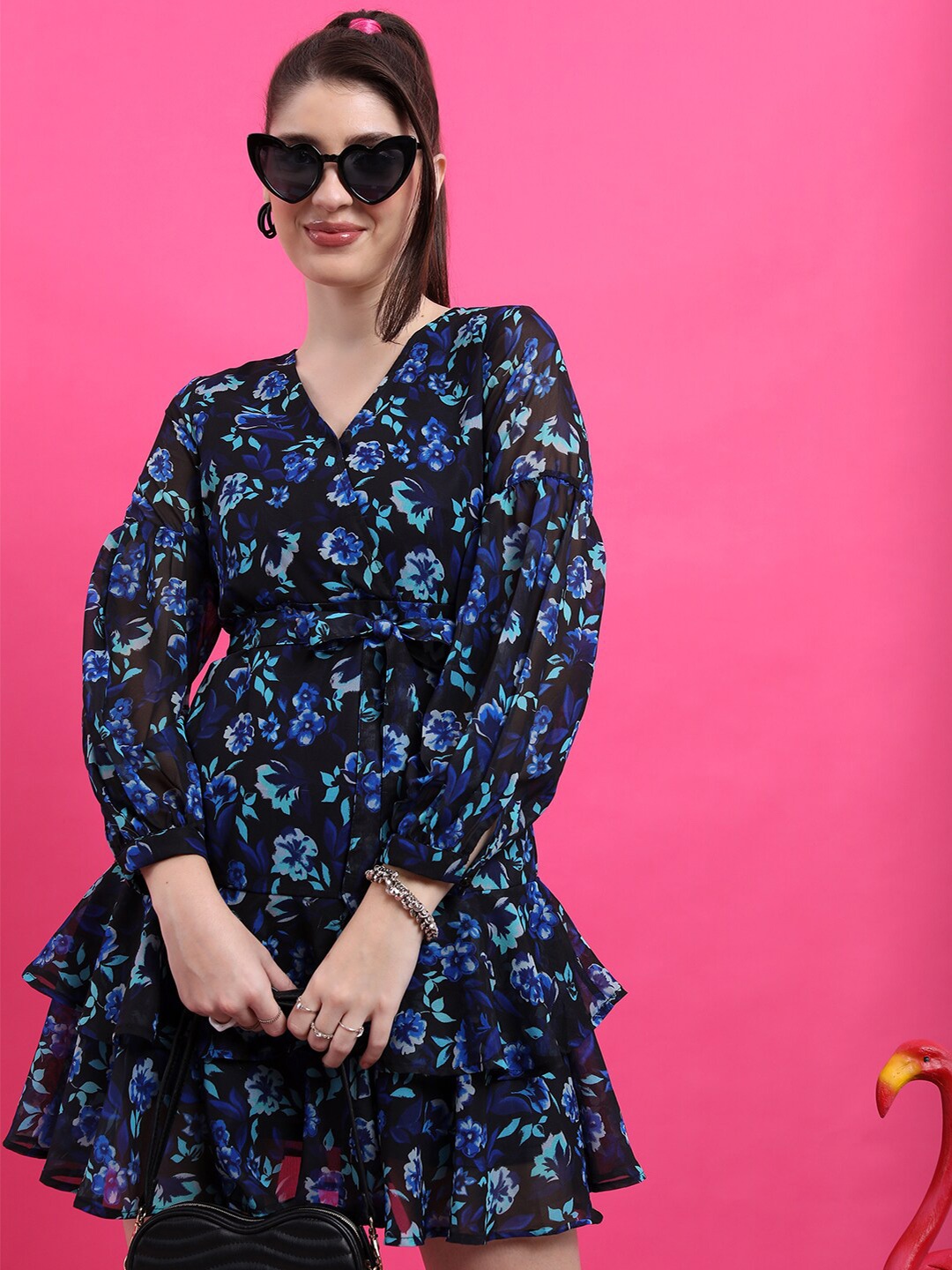 

KETCH Blue & Black Floral Printed V-Neck Puff Sleeves Layered Fit & Flare Dress