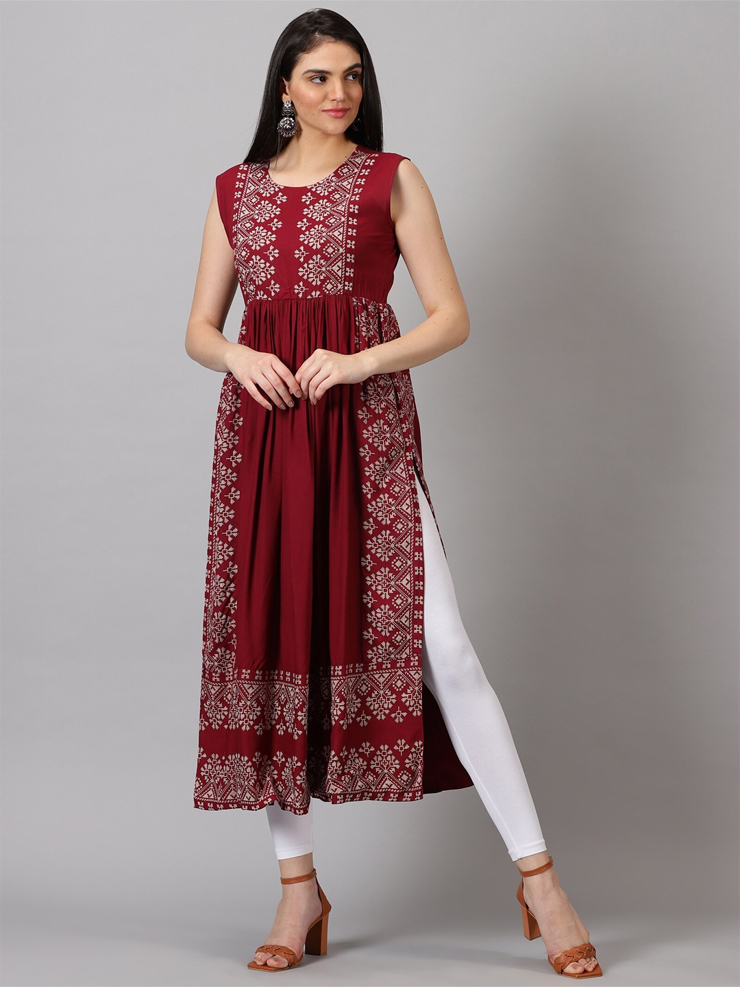 

DK FAB Ethnic Motifs Printed Pleated A-Line Kurta, Maroon