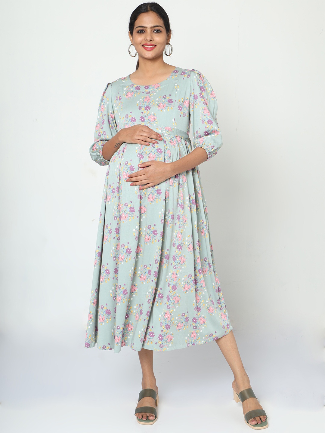 

MANET Floral Print Fit & Flare Cotton Maternity Midi Dress, Green