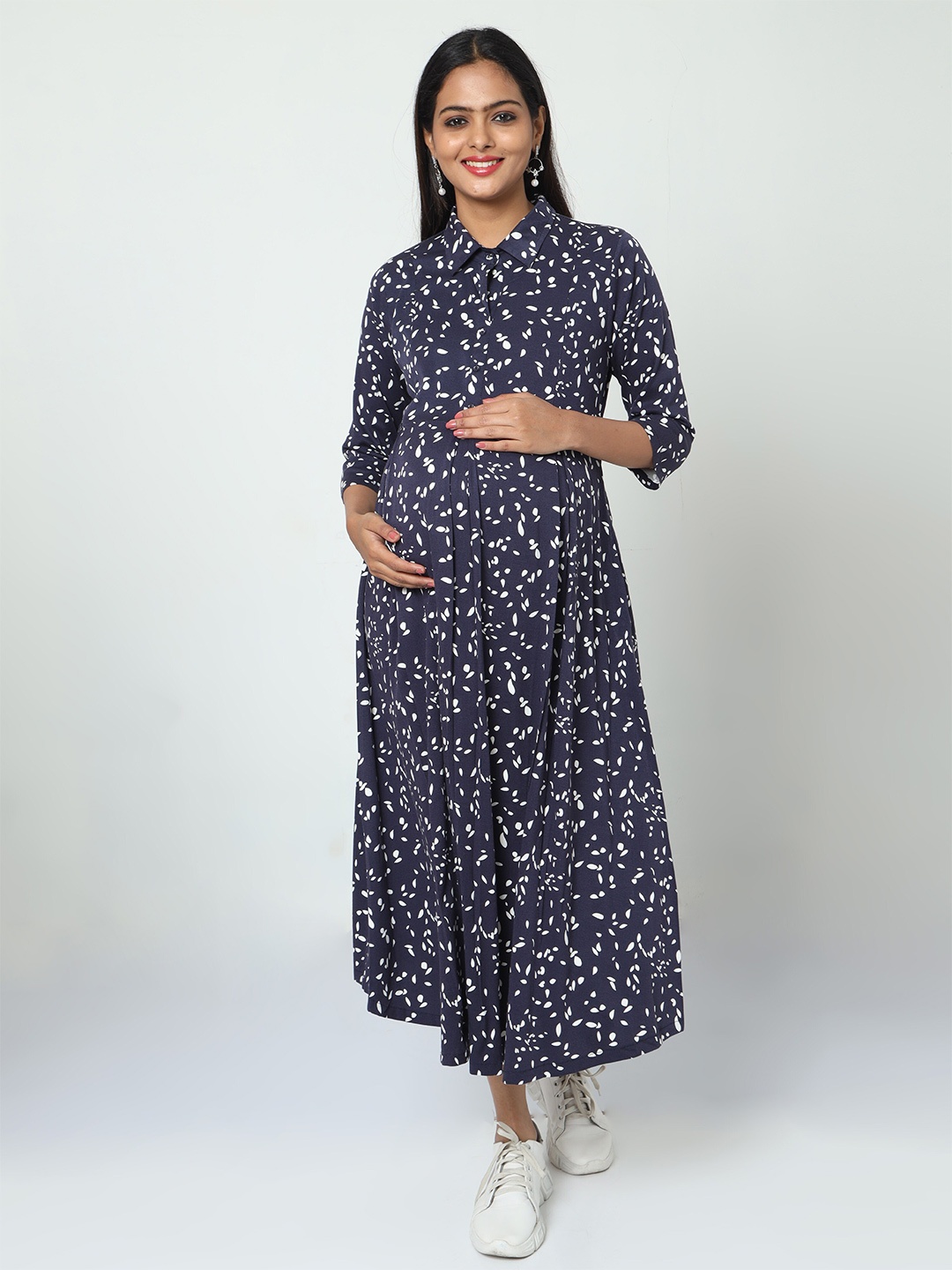 

MANET Printed Maternity Cotton A-Line Midi Dress, Navy blue