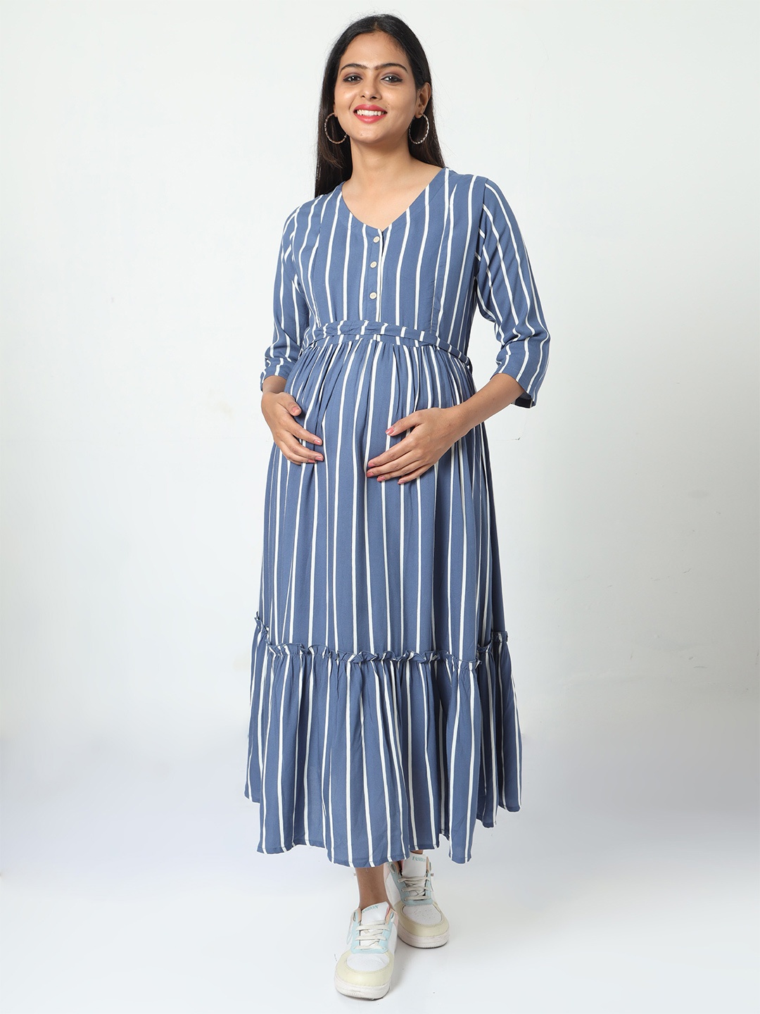 

MANET Striped Printed Round Neck Cotton Maternity and Feeding Midi Dress, Blue