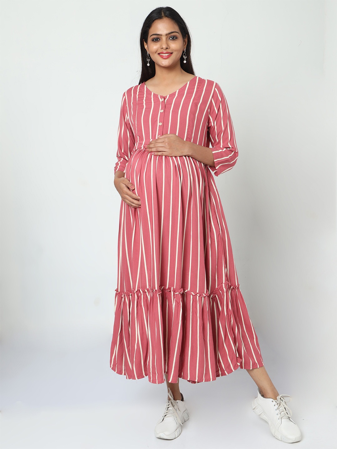 

MANET Striped Printed Round Neck Cotton Maternity and Feeding Midi Dress, Pink