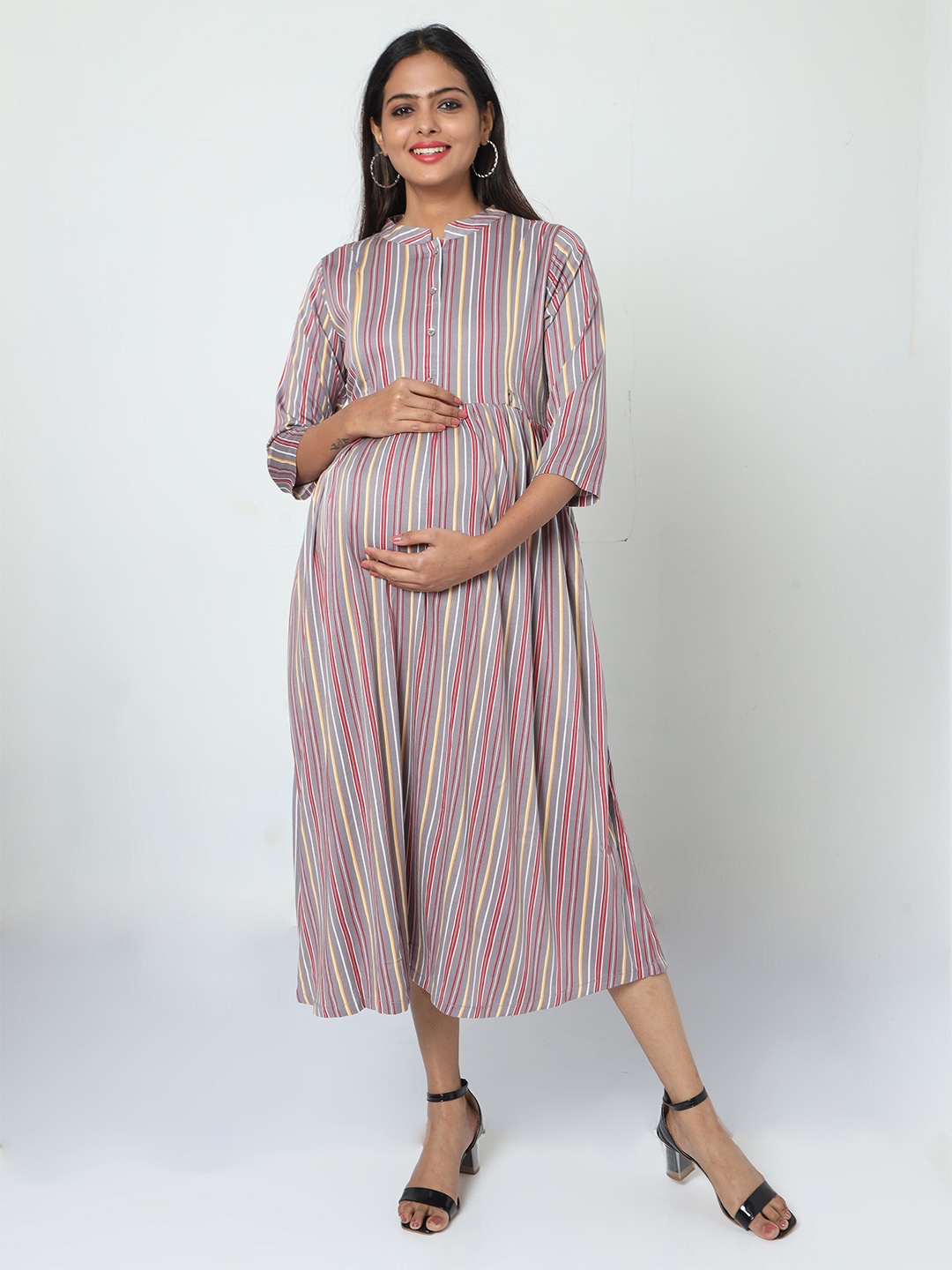 

MANET Striped Printed Mandarin Collar Cotton Maternity and Feeding Midi Dress, Grey