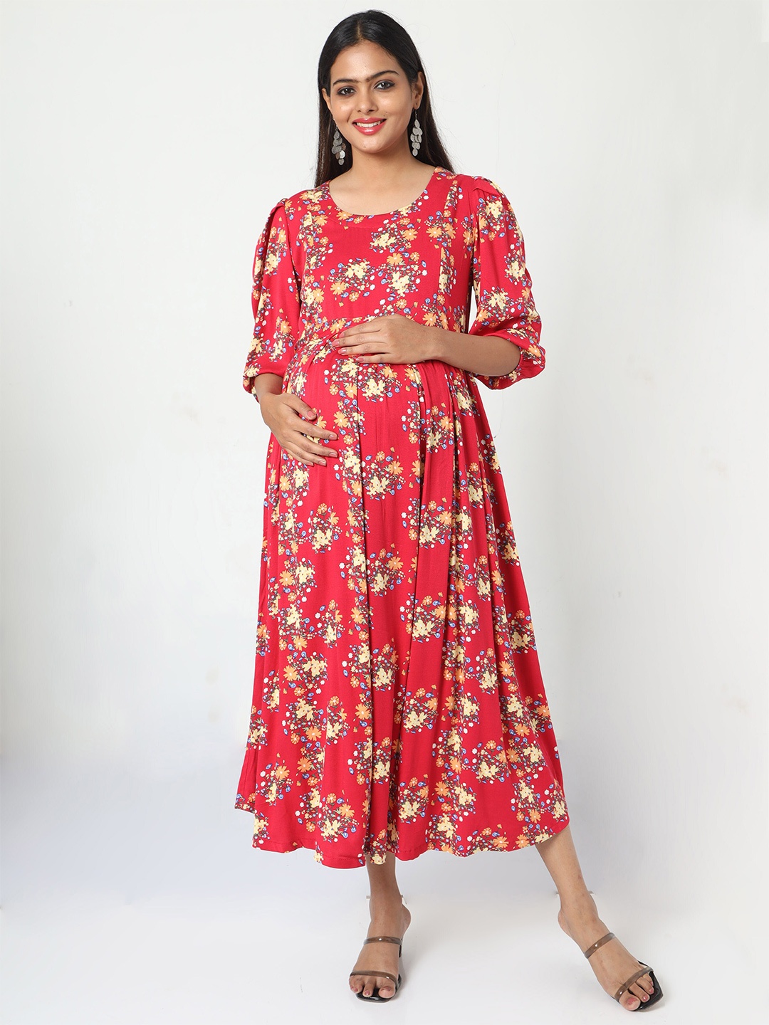 

MANET Floral Print Fit & Flare Cotton Maternity Dress, Red