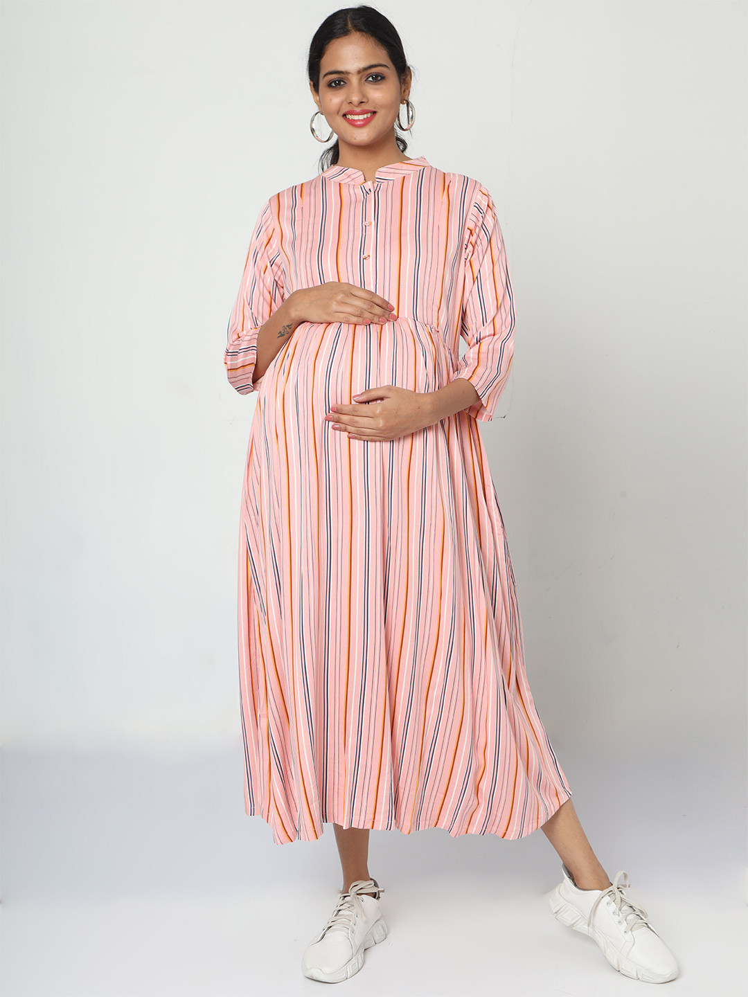 

MANET Striped Mandarin Collar Cotton Fit & Flare Maternity Midi Dress, Pink