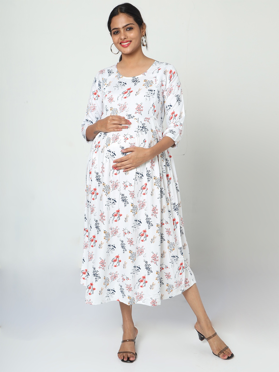 

MANET Floral Printed Round Neck Cotton Maternity and Feeding Midi Dress, White
