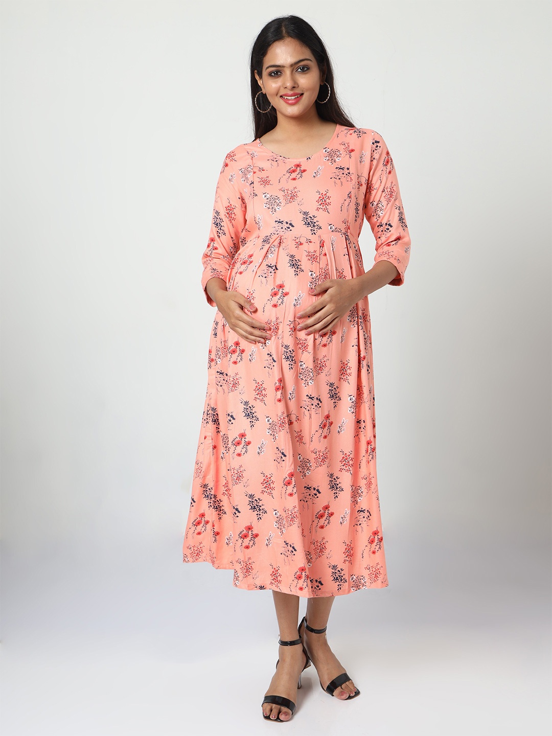 

MANET Floral Print Fit & Flare Cotton Maternity Midi Dress, Orange