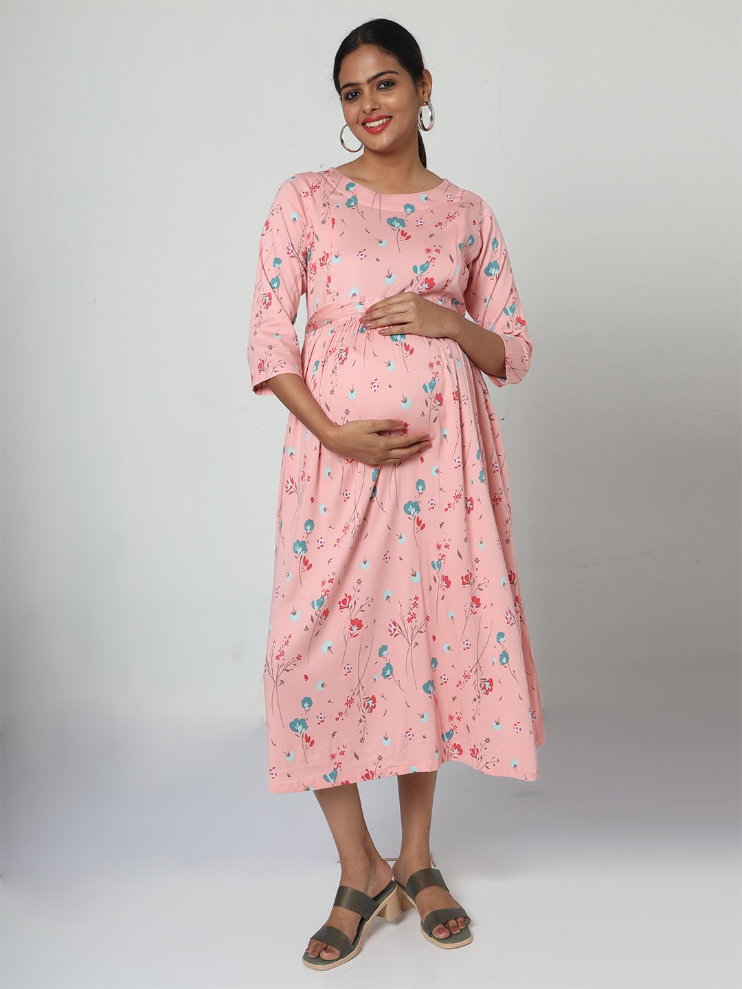 

MANET Floral Print Fit & Flare Cotton Maternity Midi Dress, Peach