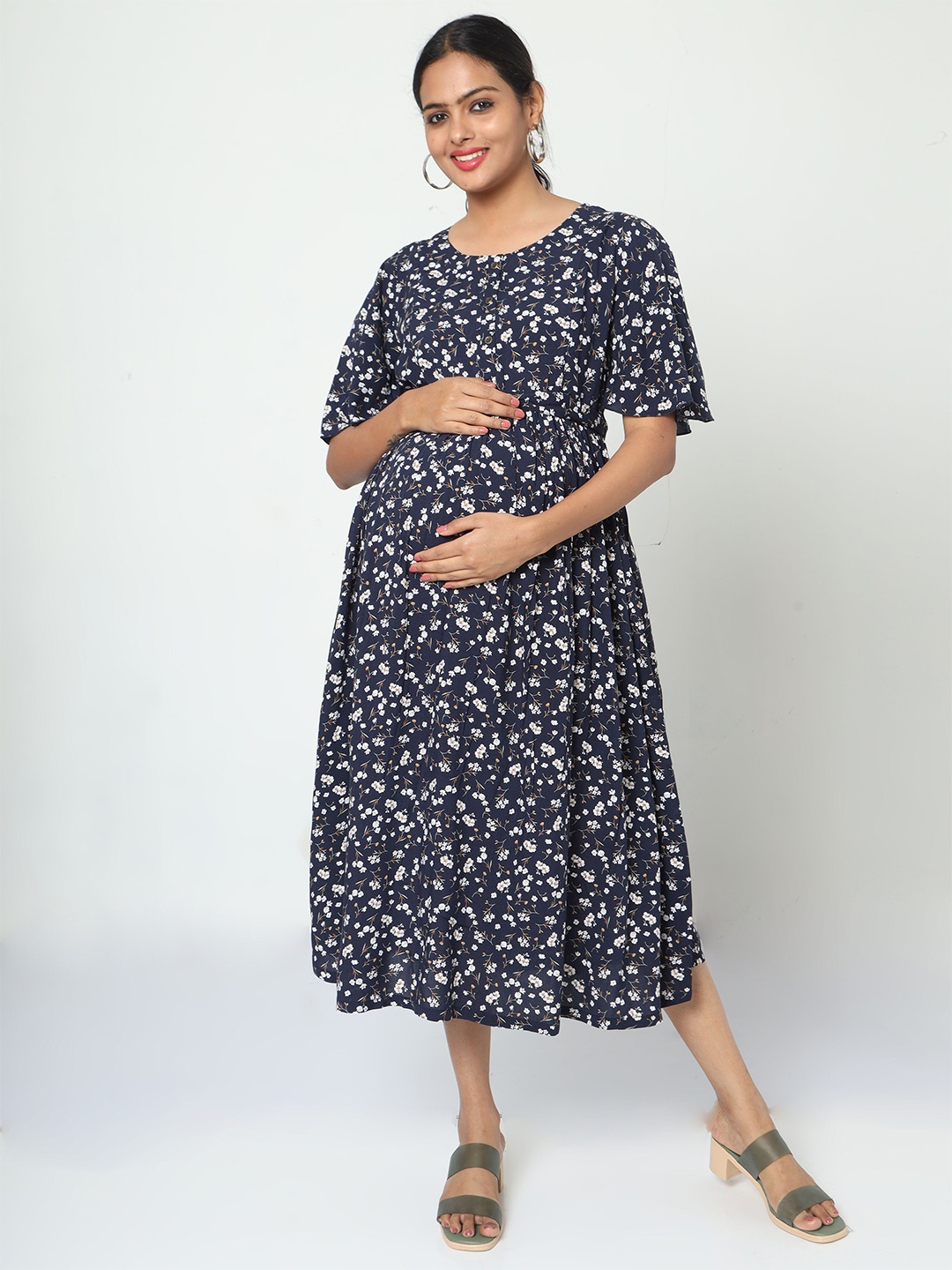 

MANET Floral Printed Flared Sleeves Maternity And Feeding Midi Dress, Navy blue