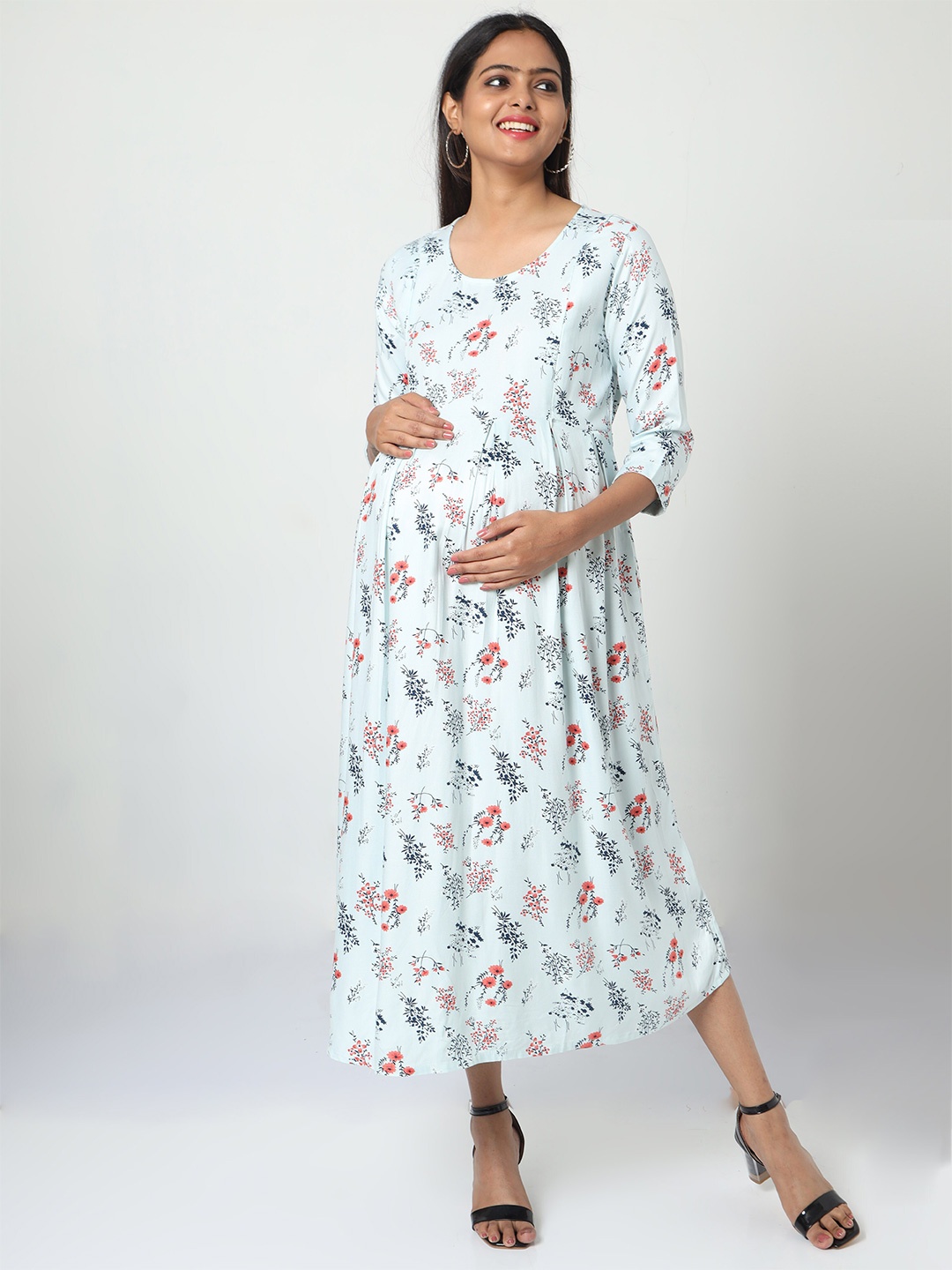 

MANET Floral Printed Gathered Cotton Fit & Flare Maternity Midi Dress, White