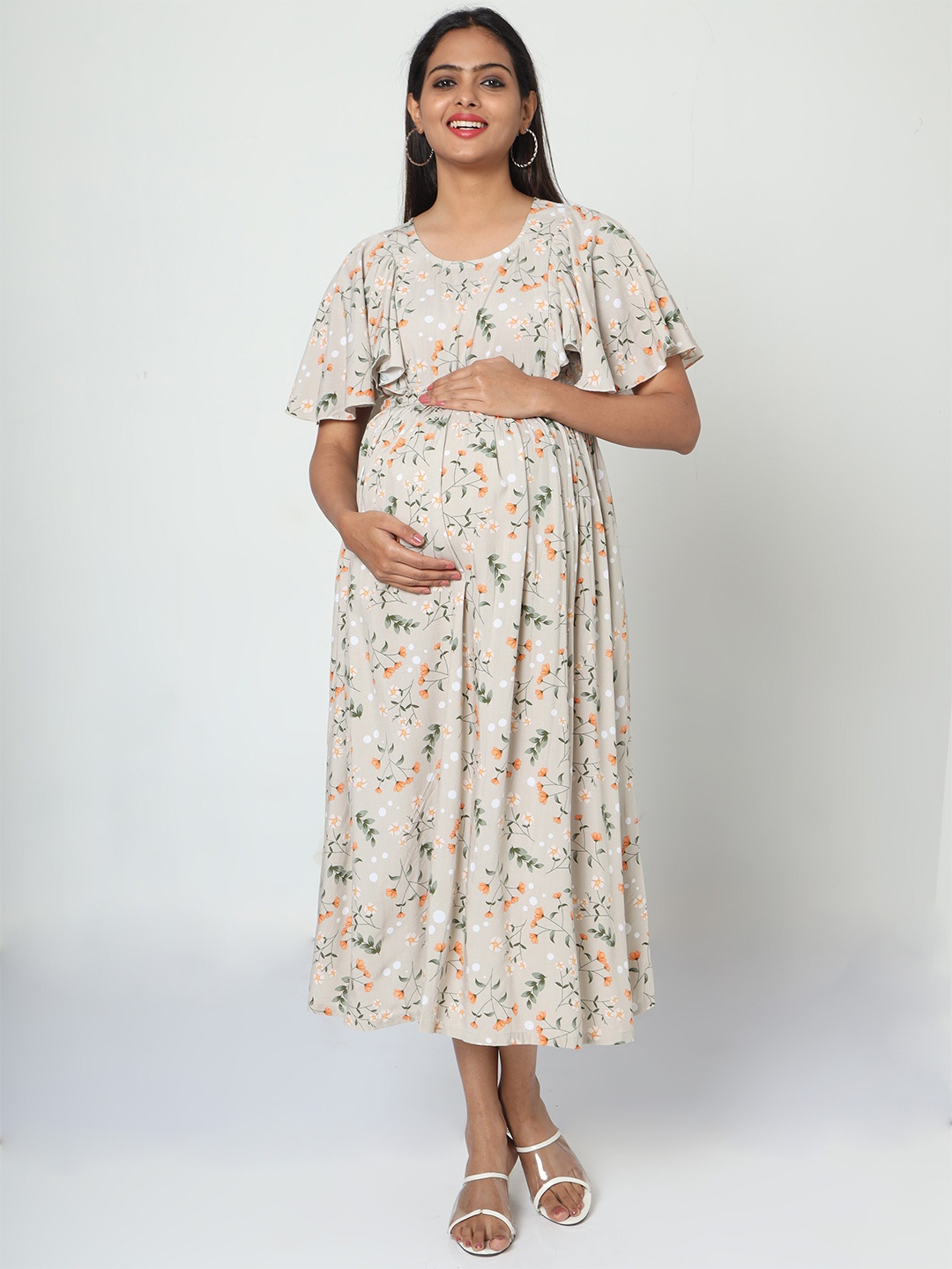 

MANET Floral Printed Flared Sleeves Cotton Maternity and Feeding Midi Dress, Cream