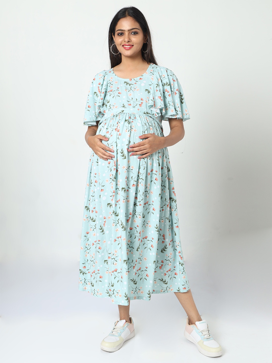 

MANET Floral Print Fit & Flare Cotton Maternity Maxi Dress, Green