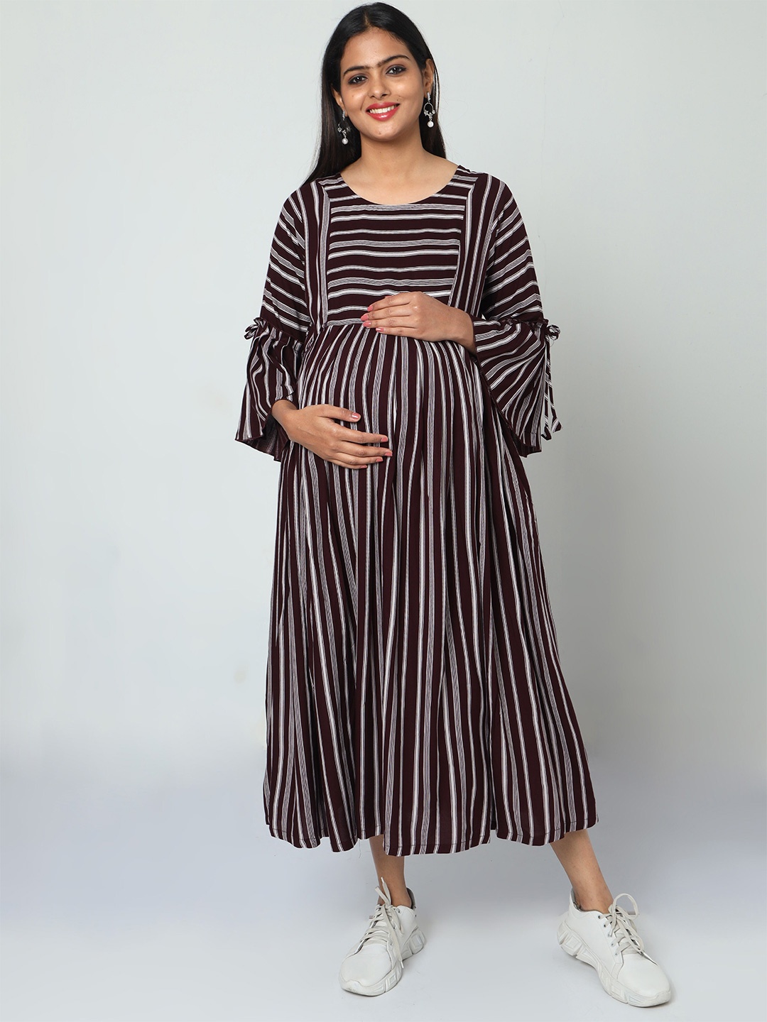 

MANET Striped Bell Sleeve Maternity Maxi Dress, Brown