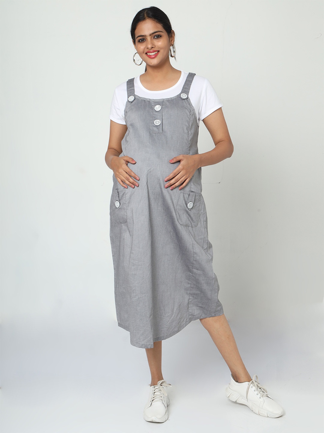 

MANET Shoulder Strap Cotton Maternity And Feeding Pinafore Midi Dress, Grey