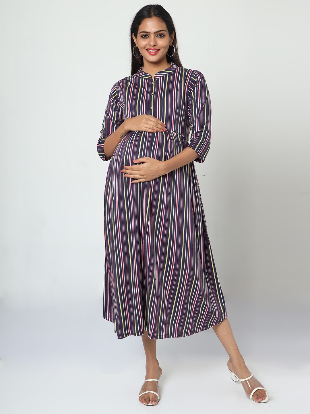 

MANET Striped Mandarin Collar Cotton A-Line Maternity Midi Dress, Navy blue