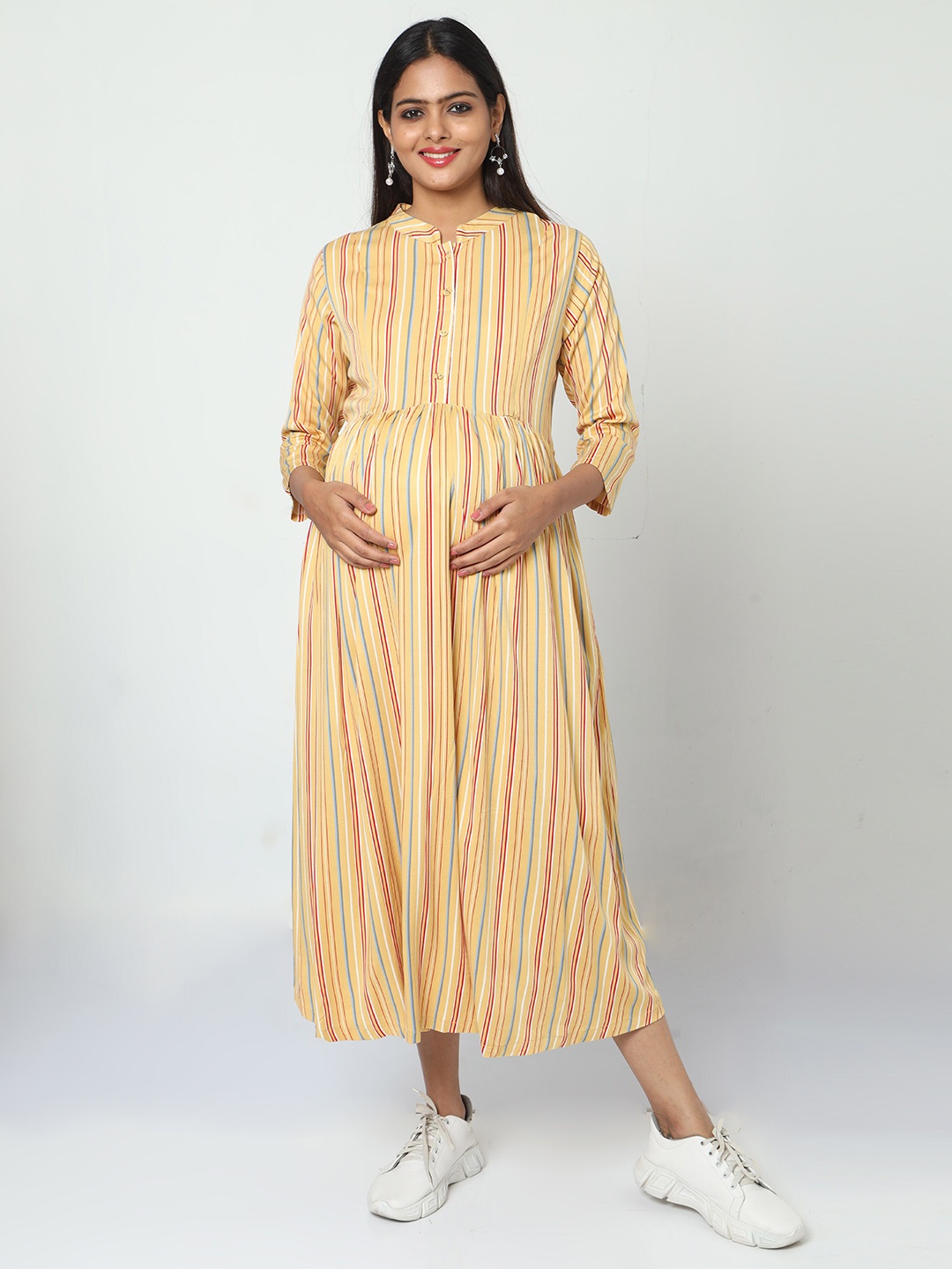 

MANET Striped Fit & Flare Cotton Maternity Midi Dress, Yellow