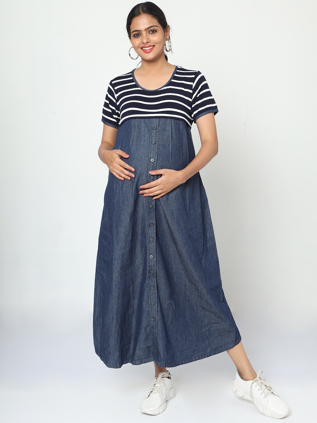 

MANET Striped Round Neck Cotton Maternity and Feeding A-Line Dress, Navy blue