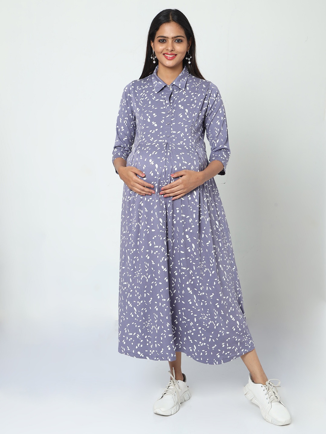 

MANET Conversational Printed Shirt Collar Cotton Fit & Flare Maternity Dress, Blue