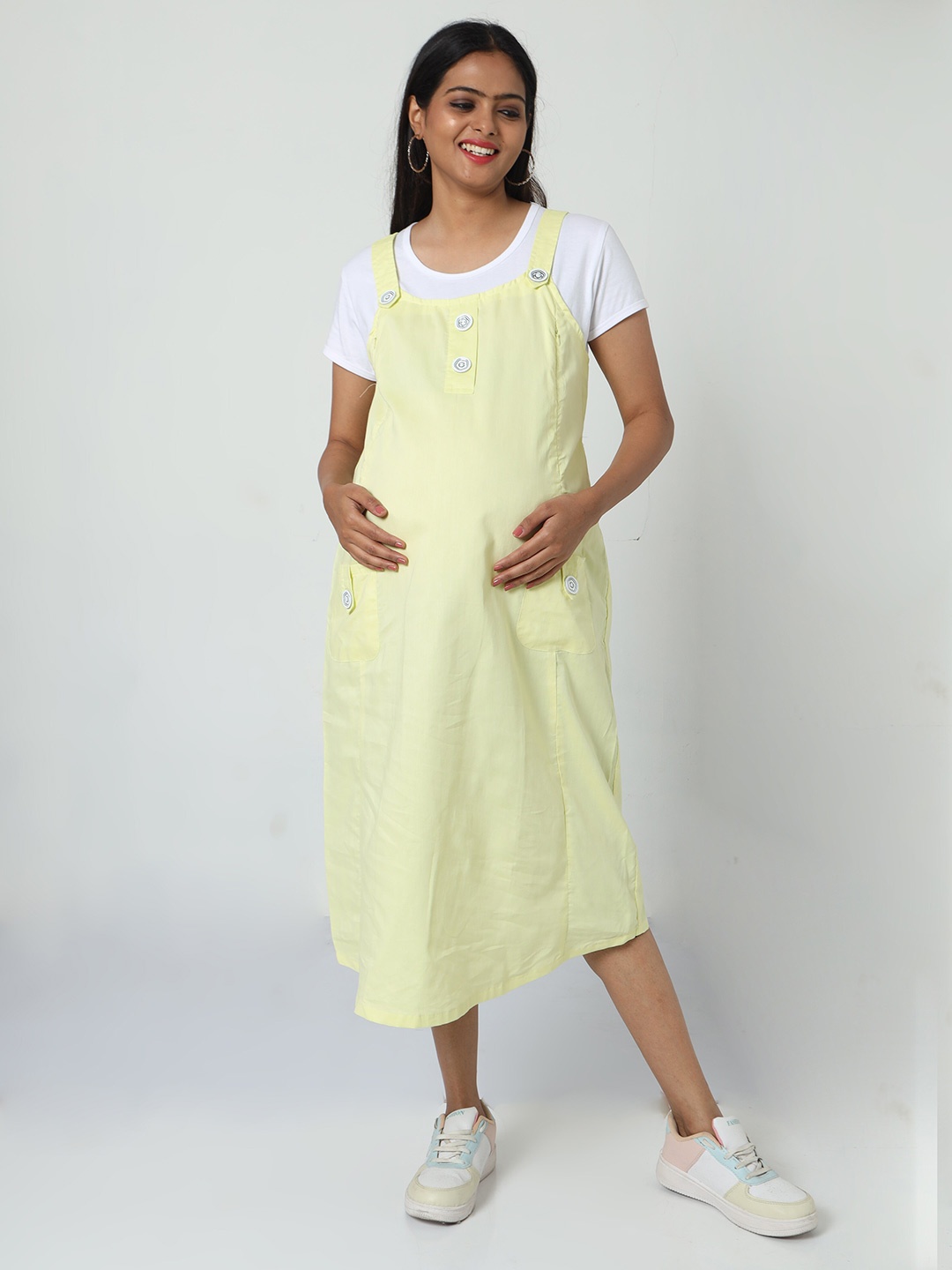 

MANET Shoulder Straps Cotton Maternity Pinafore Midi Dress, Yellow