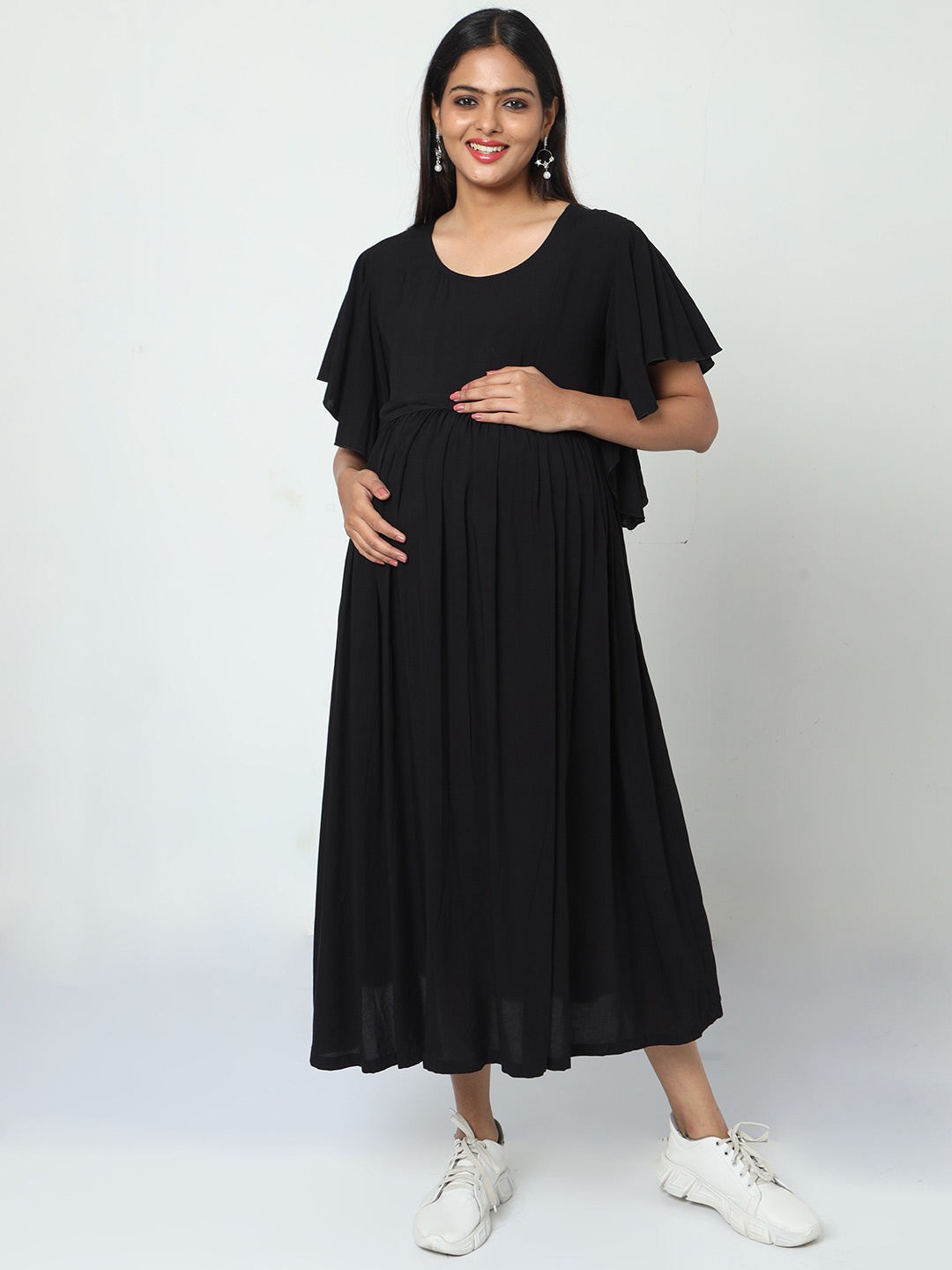 

MANET Flutter Sleeve Cotton Maternity and Feeding Midi Dress, Black
