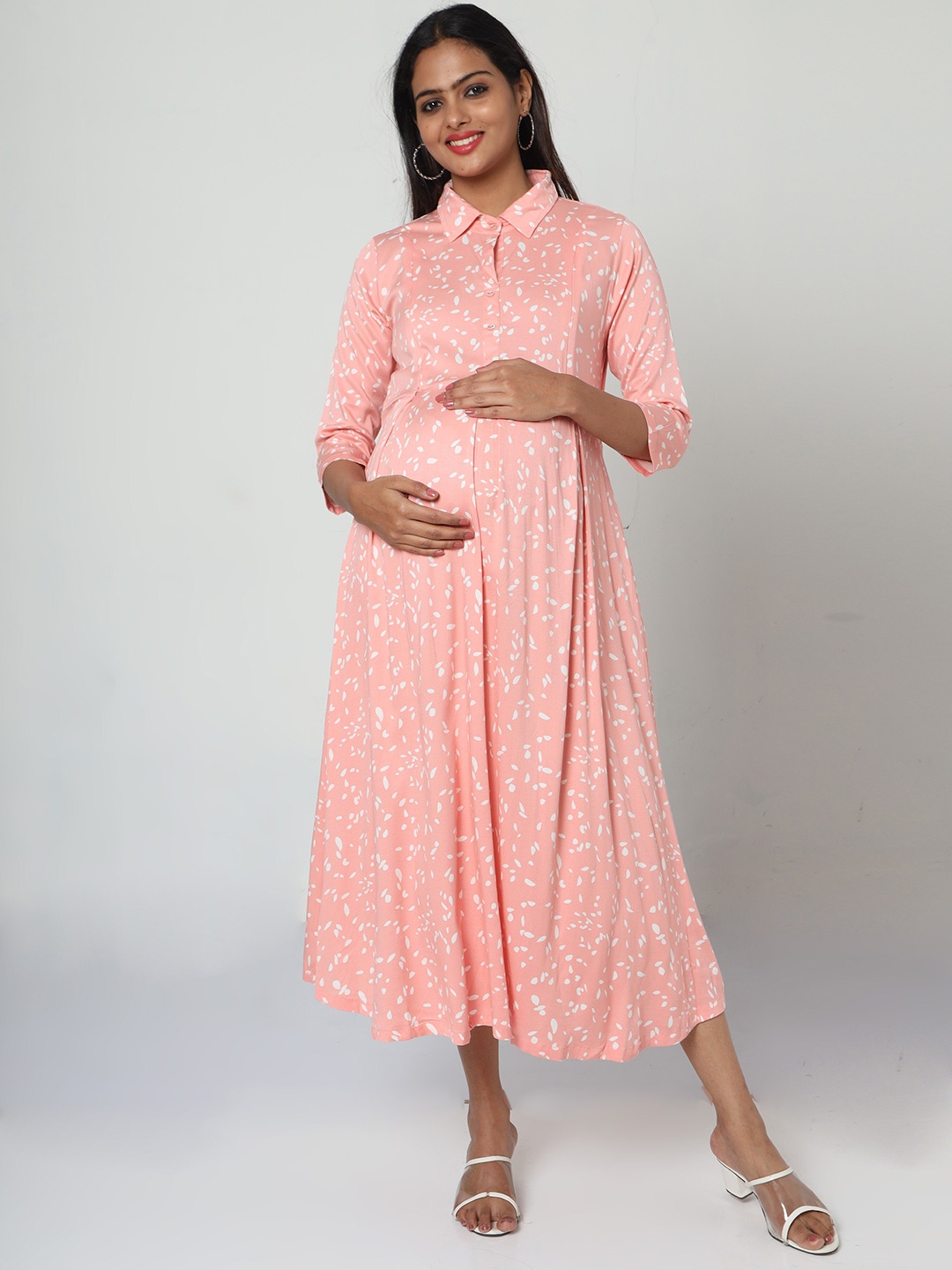 

MANET Pink Floral Print Fit & Flare Cotton Maternity Midi Dress